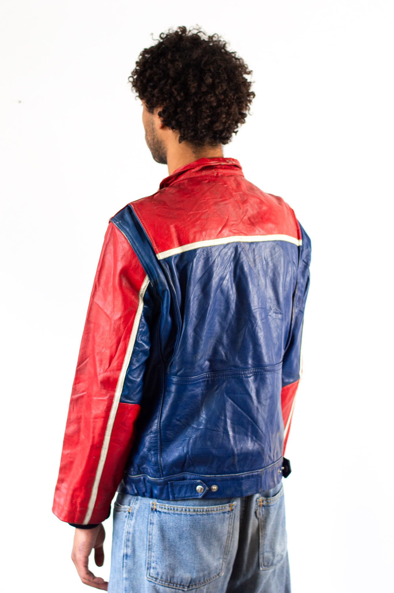 Vintage 80s Moto Cuir French Leather Motorcycle Jacket Red Blue Colourblock, view 5