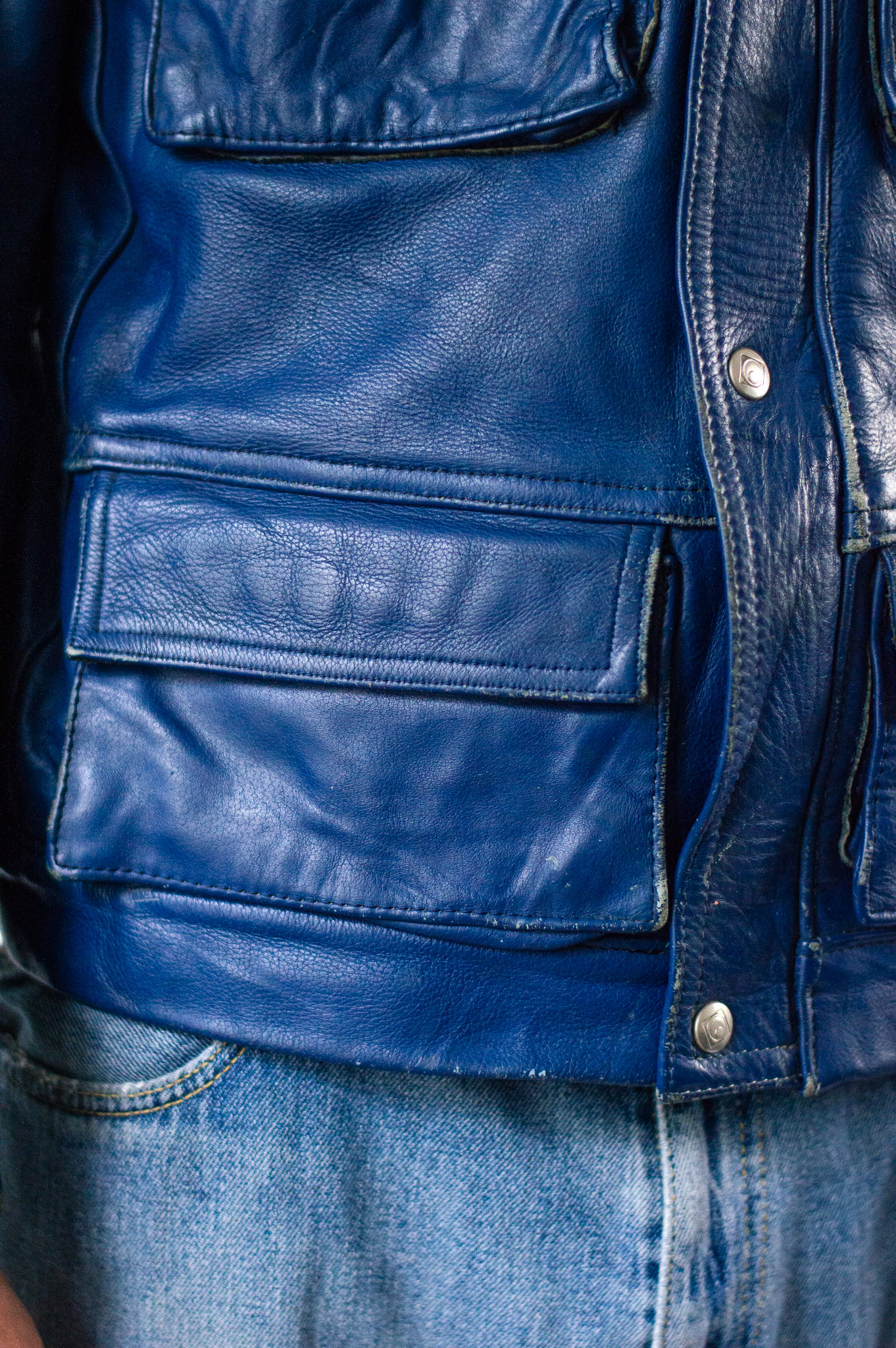 Vintage 80s Moto Cuir French Leather Motorcycle Jacket Red Blue Colourblock, view 12