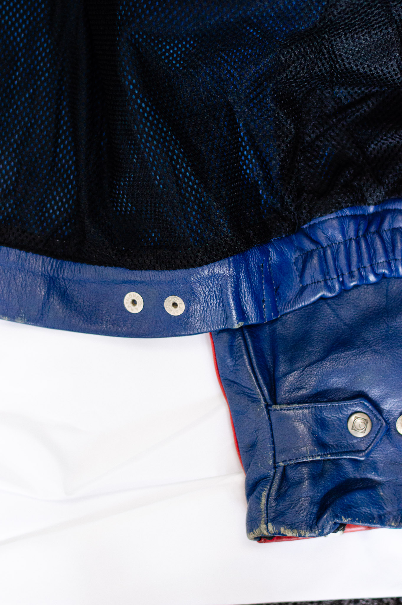 Vintage 80s Moto Cuir French Leather Motorcycle Jacket Red Blue Colourblock, view 20