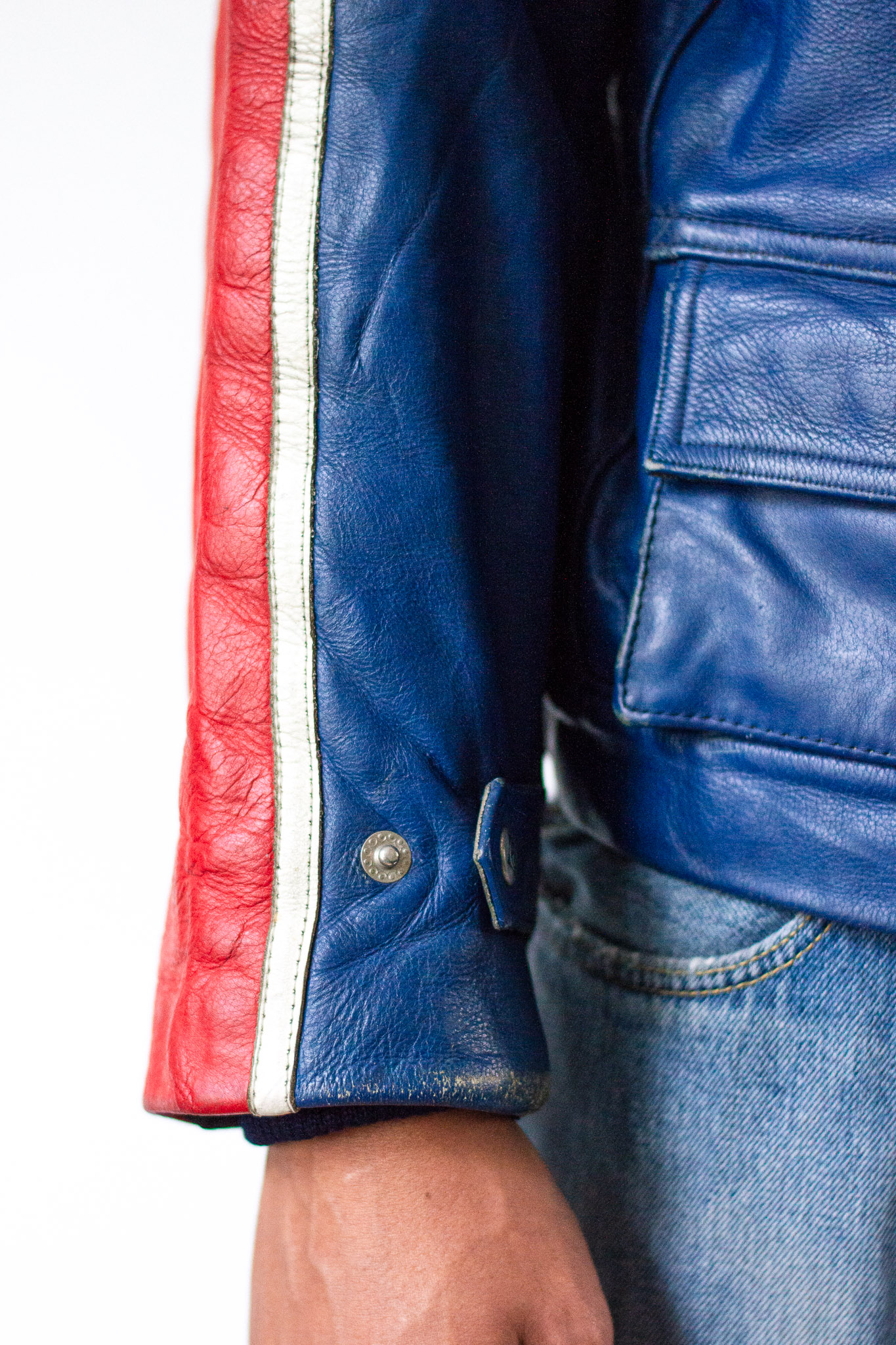 Vintage 80s Moto Cuir French Leather Motorcycle Jacket Red Blue Colourblock, view 13
