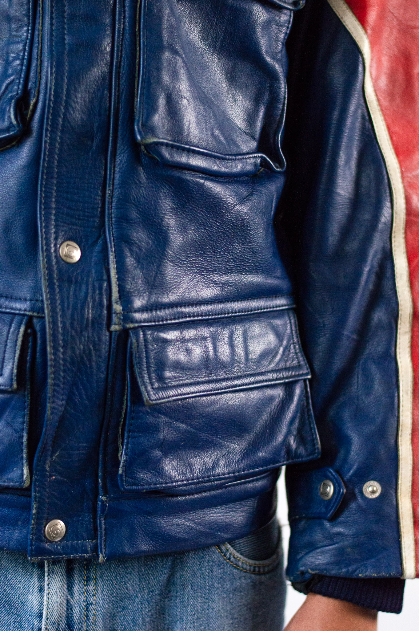 Vintage 80s Moto Cuir French Leather Motorcycle Jacket Red Blue Colourblock, view 14