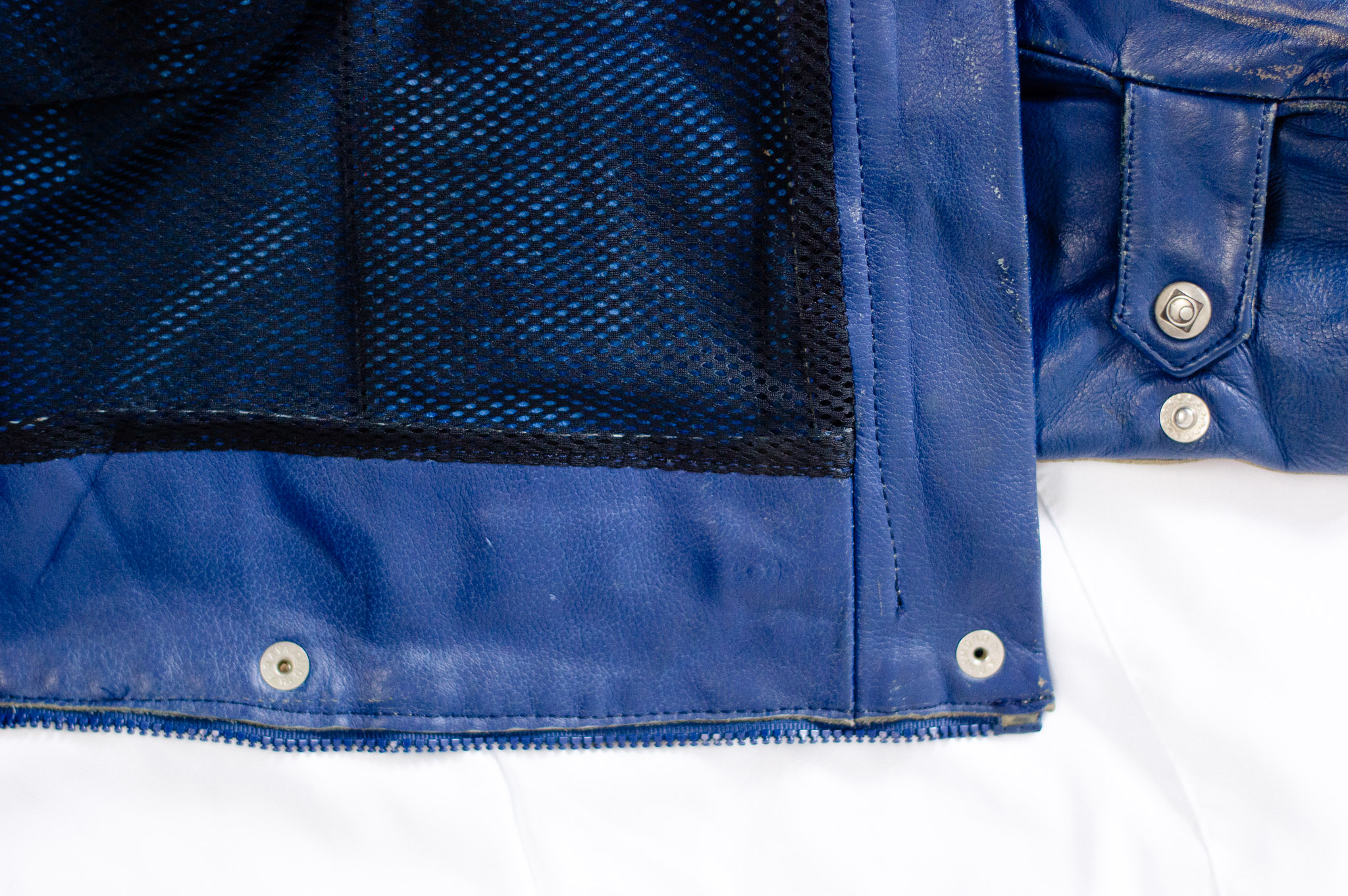 Vintage 80s Moto Cuir French Leather Motorcycle Jacket Red Blue Colourblock, view 18