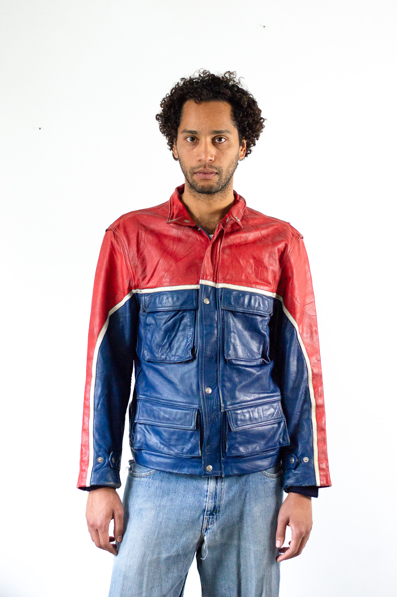 Vintage 80s Moto Cuir French Leather Motorcycle Jacket Red Blue Colourblock