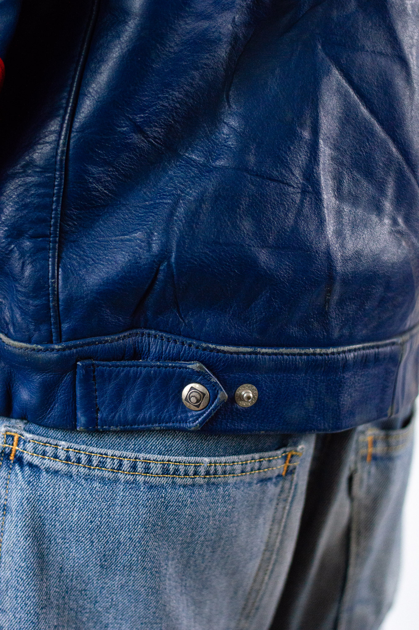 Vintage 80s Moto Cuir French Leather Motorcycle Jacket Red Blue Colourblock, view 8