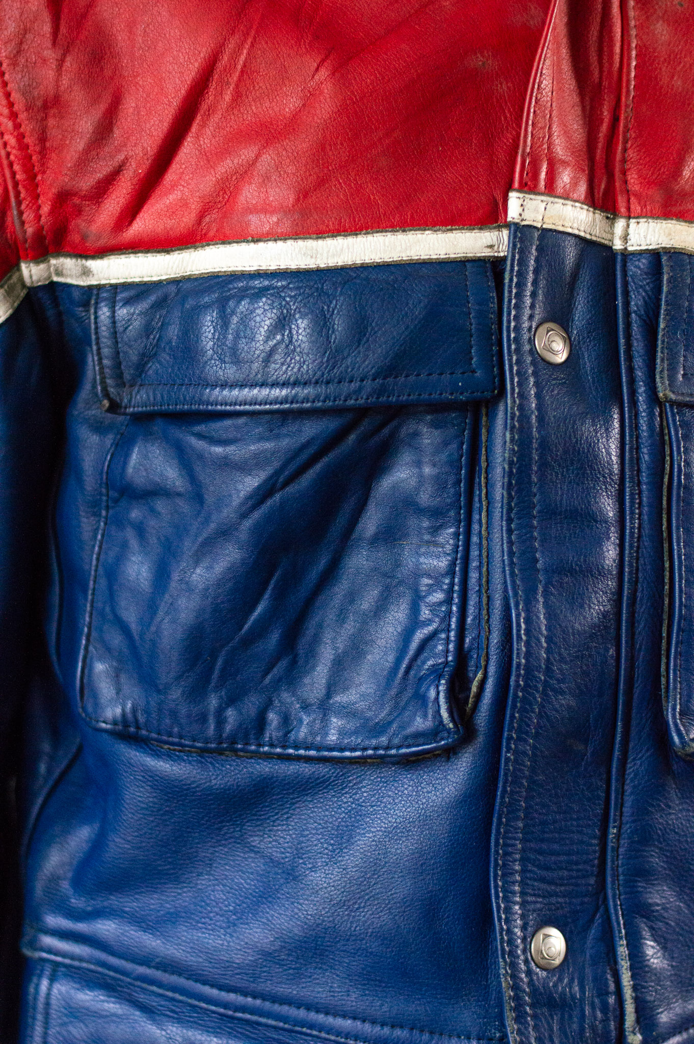 Vintage 80s Moto Cuir French Leather Motorcycle Jacket Red Blue Colourblock, view 11
