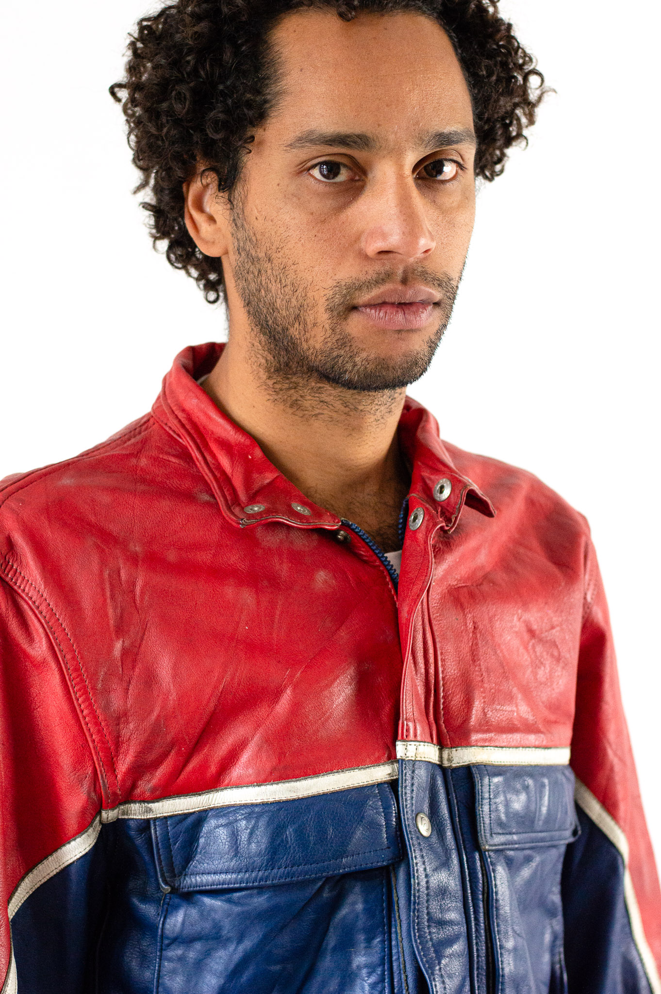 Vintage 80s Moto Cuir French Leather Motorcycle Jacket Red Blue Colourblock, view 2