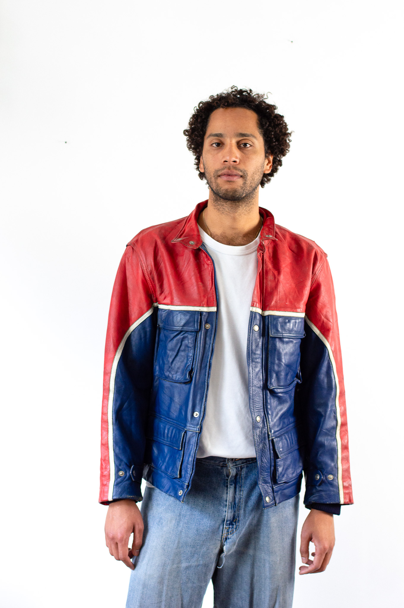 Vintage 80s Moto Cuir French Leather Motorcycle Jacket Red Blue Colourblock, view 3