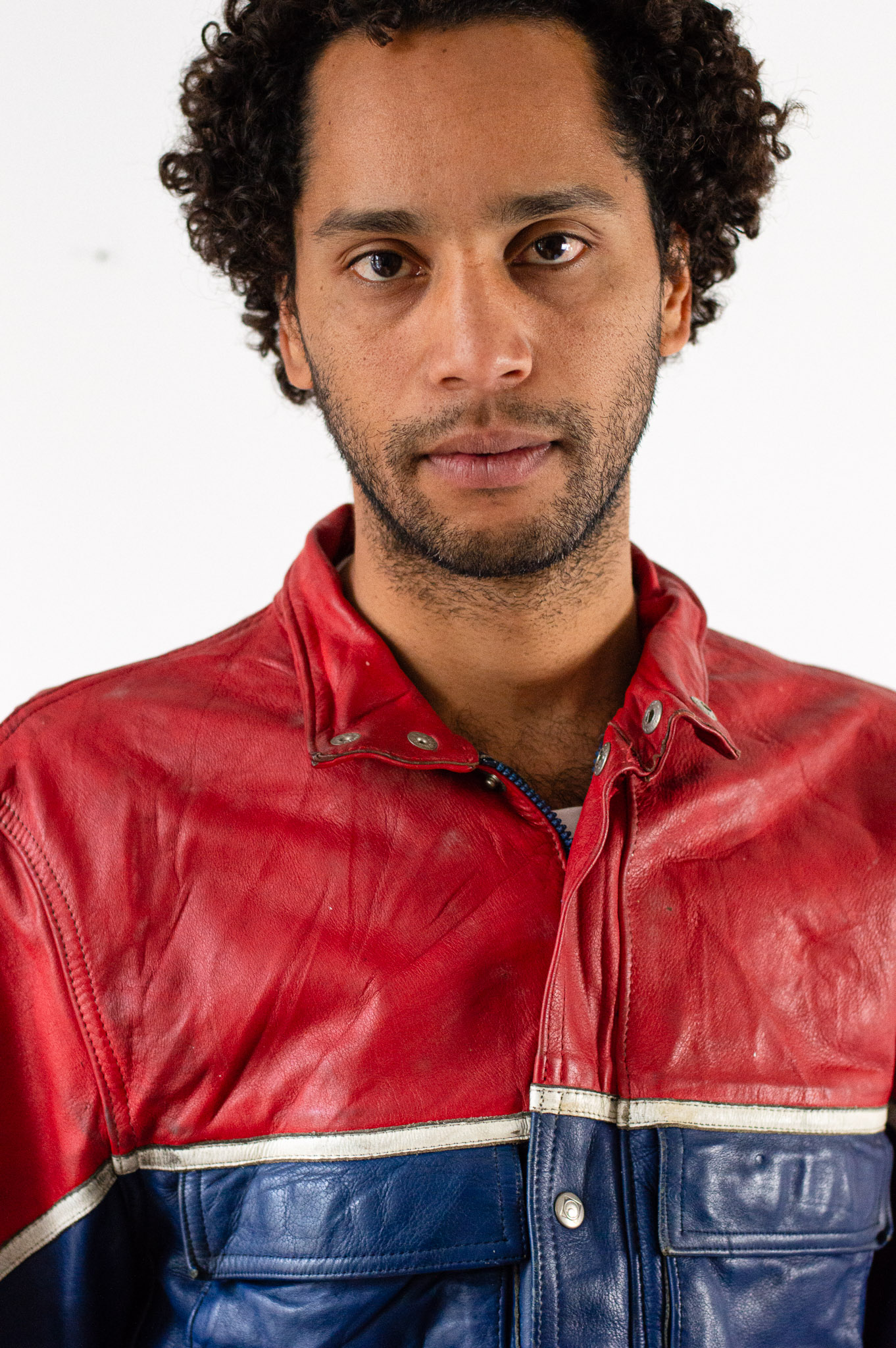 Vintage 80s Moto Cuir French Leather Motorcycle Jacket Red Blue Colourblock, view 6