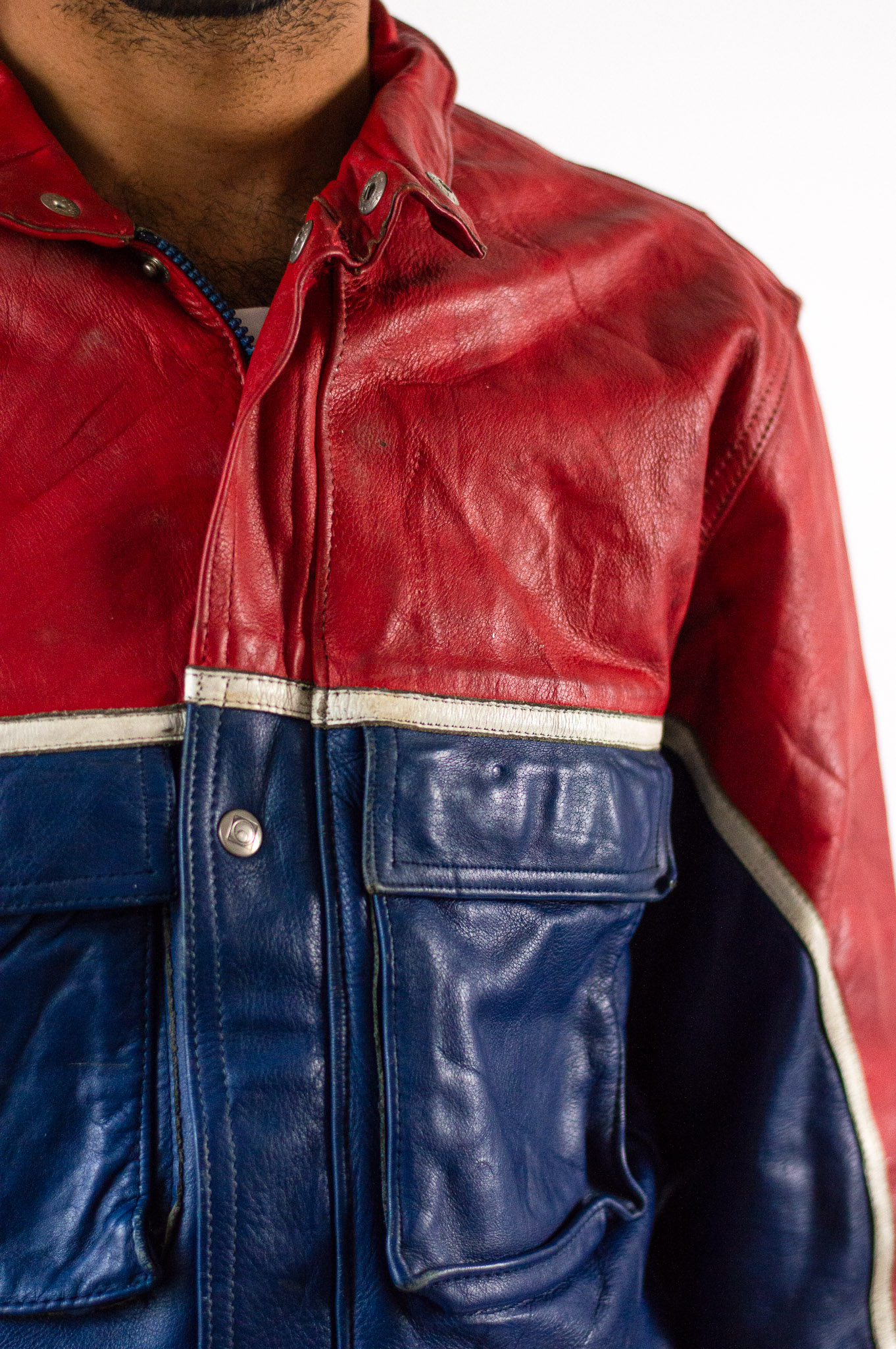 Vintage 80s Moto Cuir French Leather Motorcycle Jacket Red Blue Colourblock, view 15