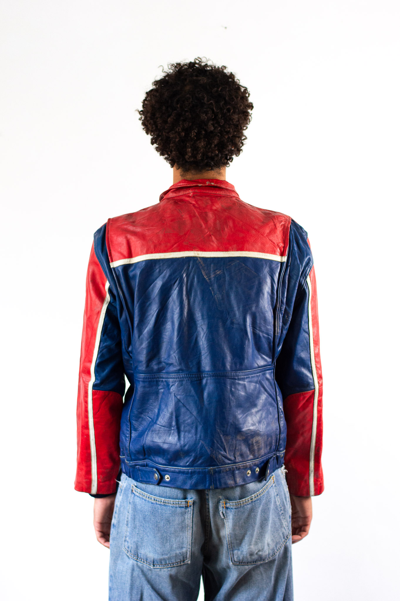 Vintage 80s Moto Cuir French Leather Motorcycle Jacket Red Blue Colourblock, view 4