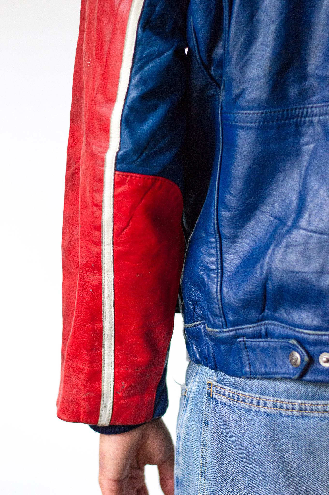 Vintage 80s Moto Cuir French Leather Motorcycle Jacket Red Blue Colourblock, view 16