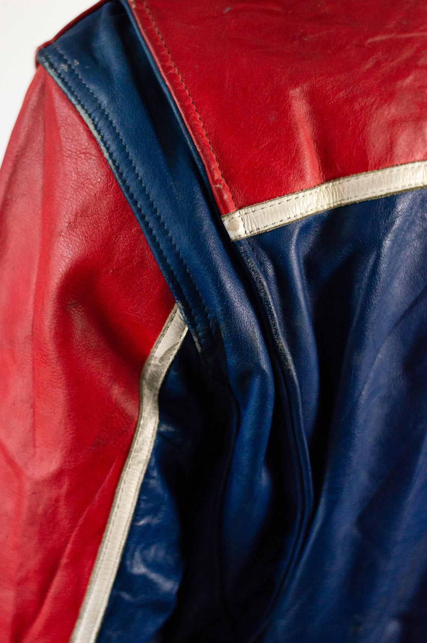Vintage 80s Moto Cuir French Leather Motorcycle Jacket Red Blue Colourblock, view 7