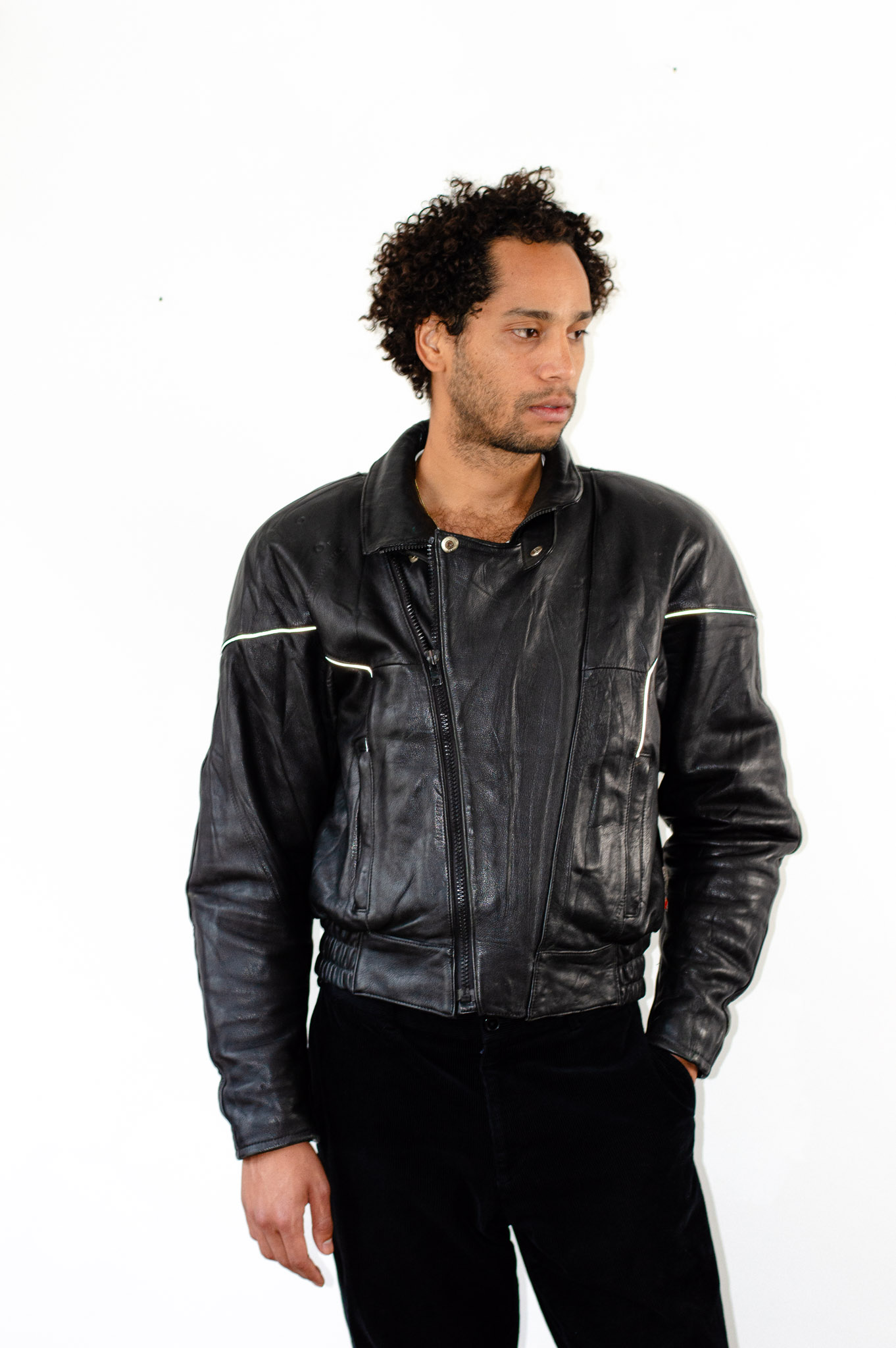 Vintage Moto Line black leather biker jacket, view 7