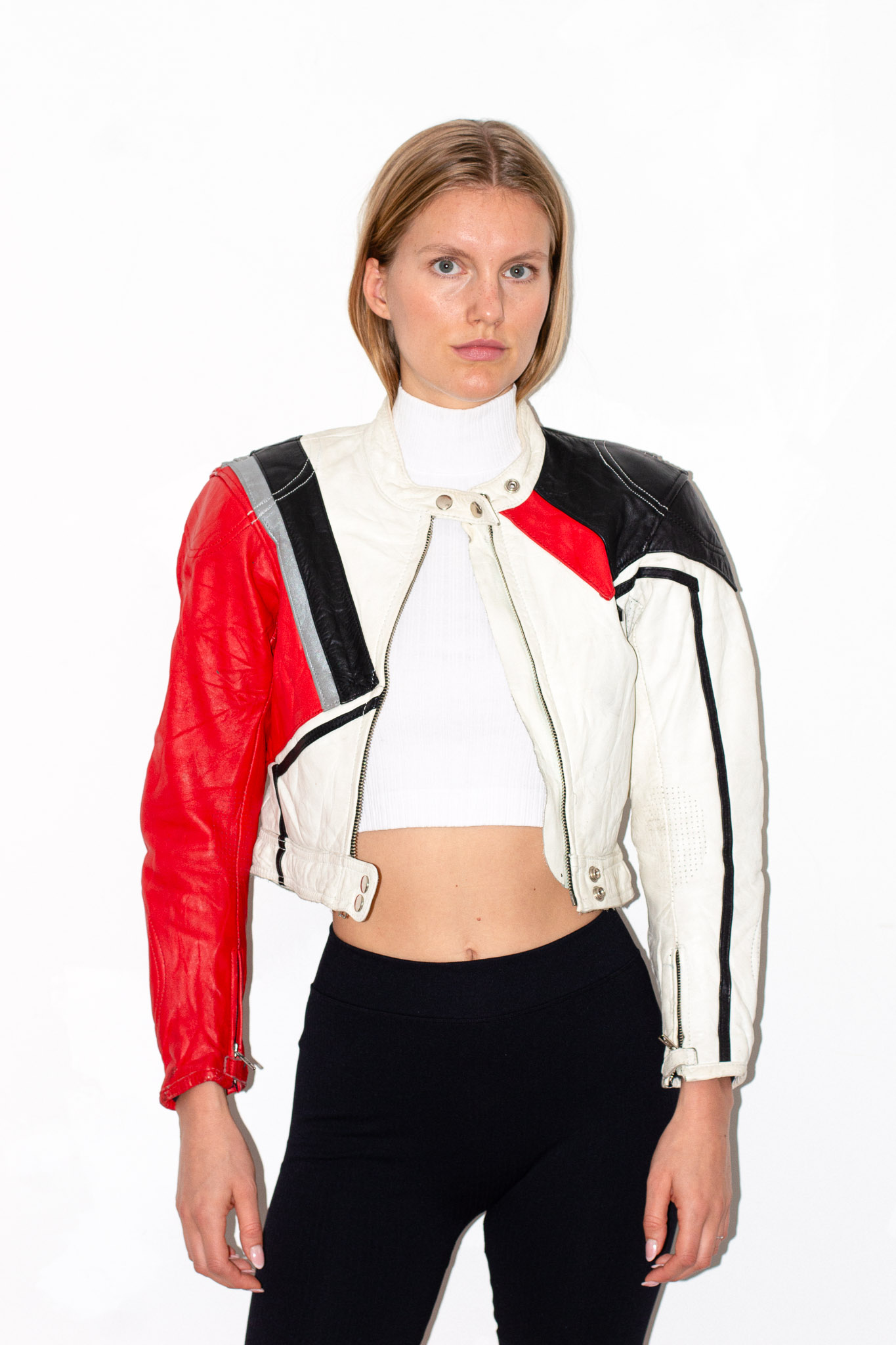 German vintage 80s cropped red white black leather racing jacket, view 2