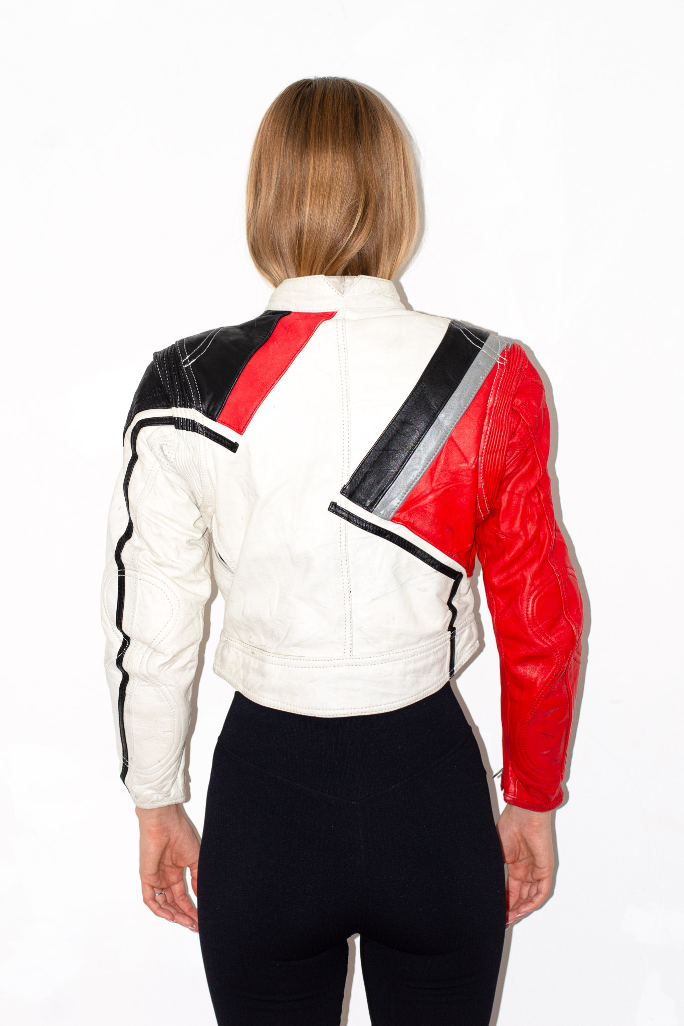 German vintage 80s cropped red white black leather racing jacket, view 3