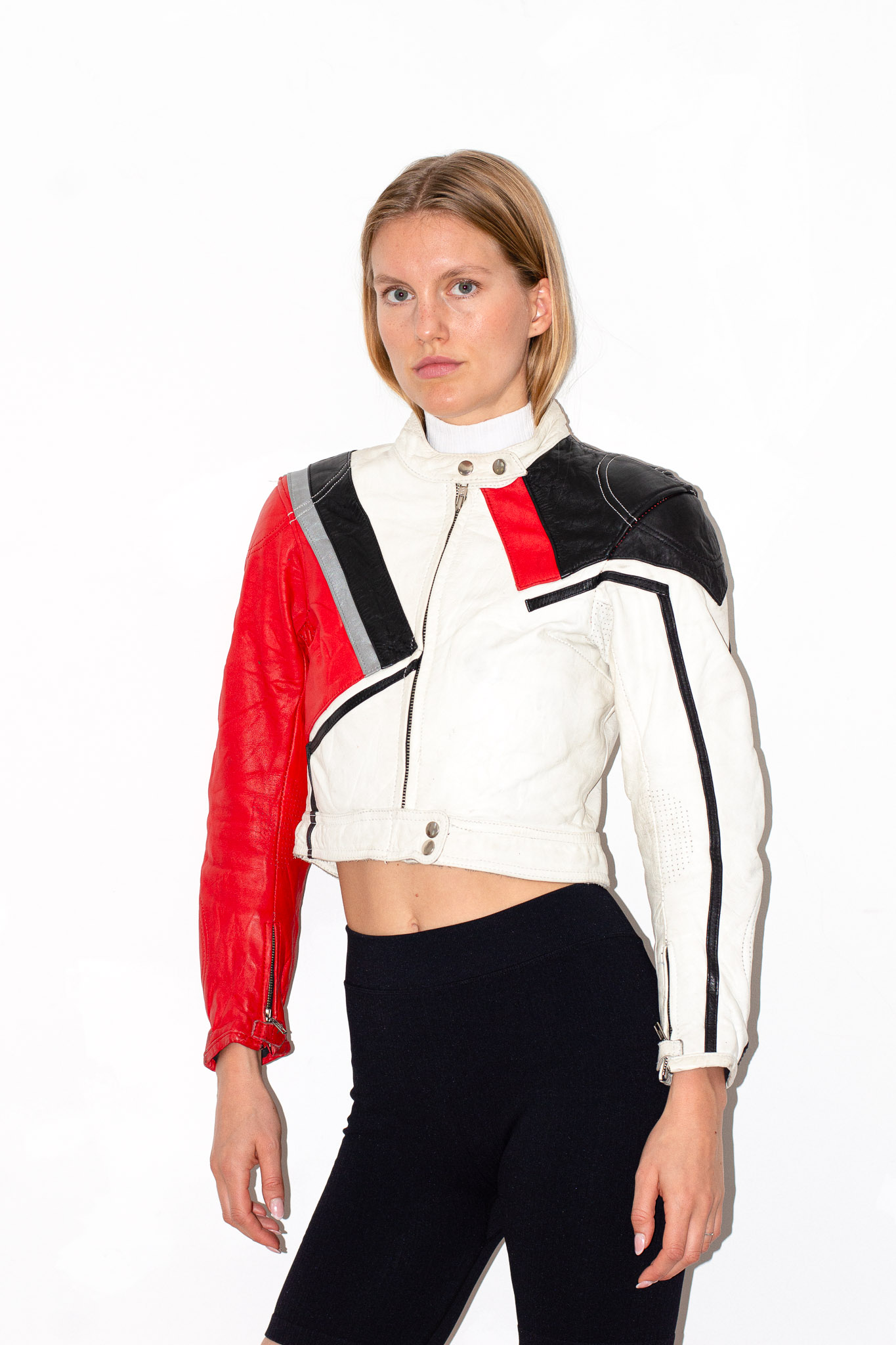 German vintage 80s cropped red white black leather racing jacket