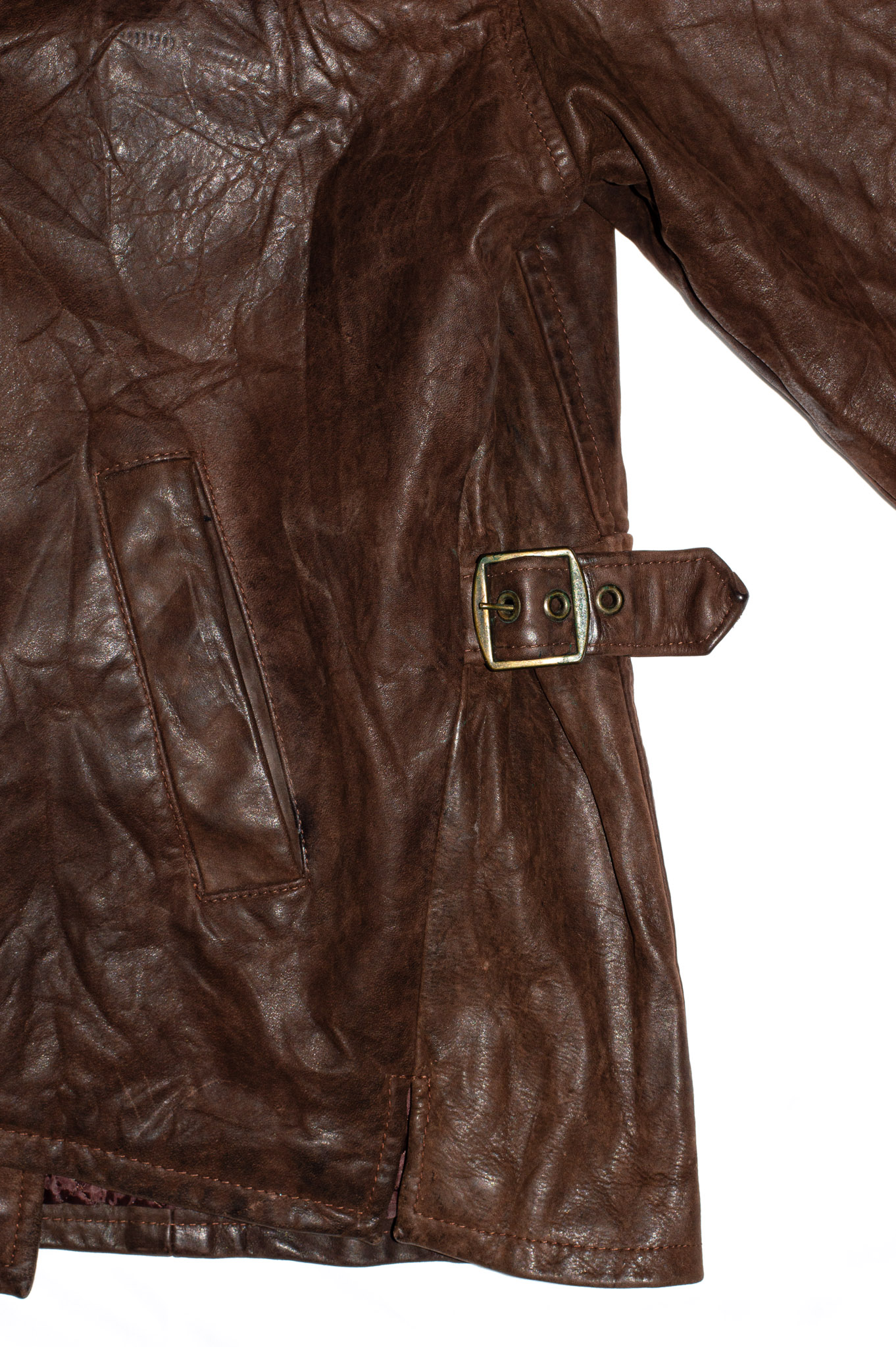 Vintage Brown Leather Jacket Buckle Tabs Tortoiseshell Buttons, view 13