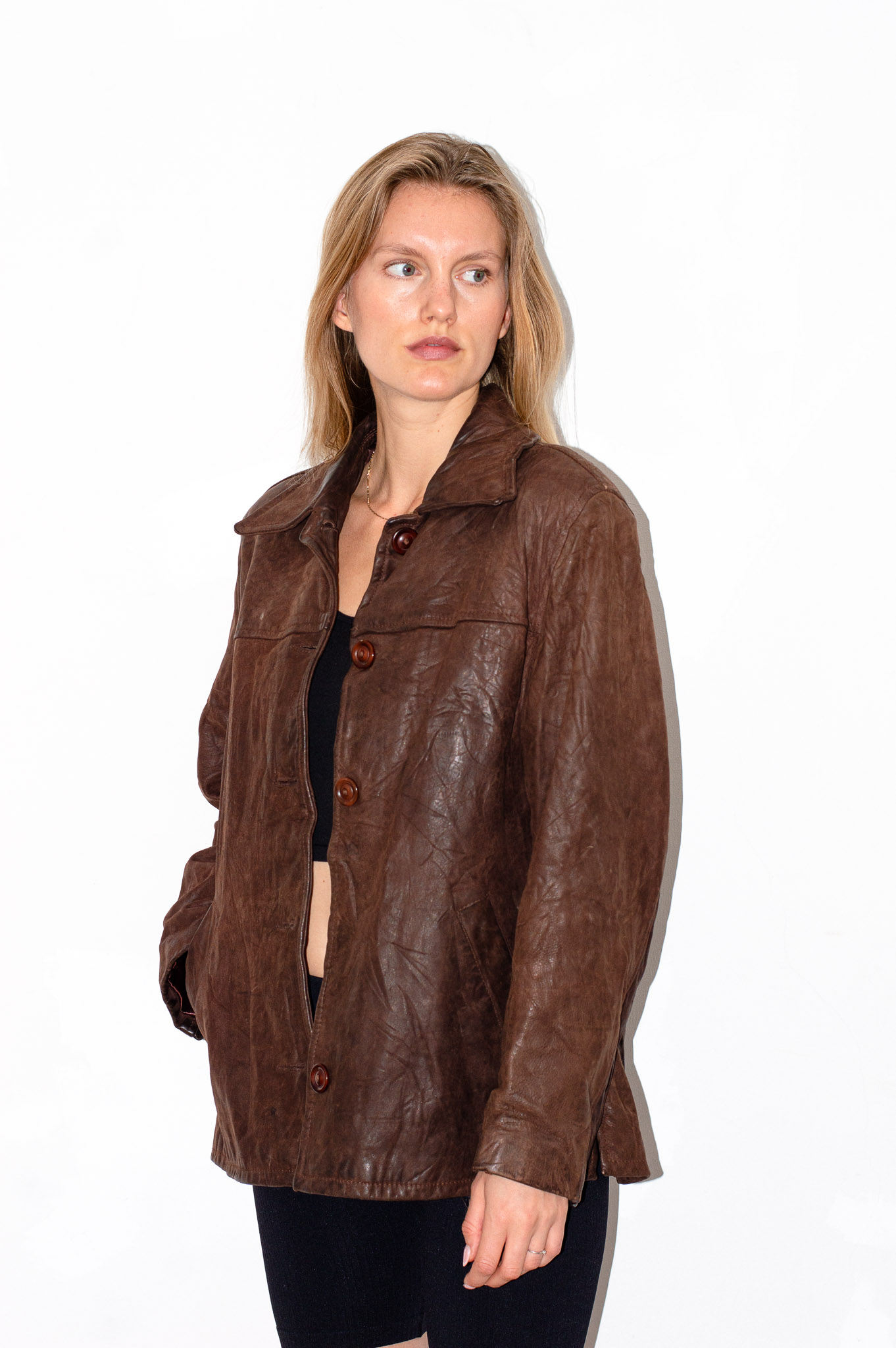 Vintage Brown Leather Jacket Buckle Tabs Tortoiseshell Buttons, view 4
