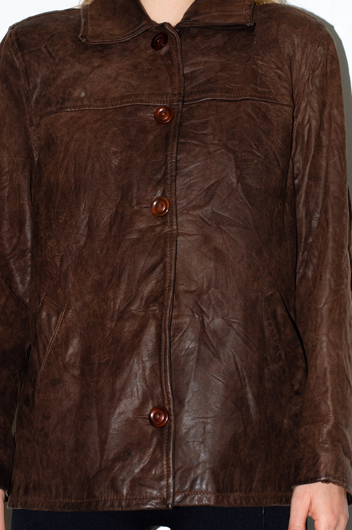 Vintage Brown Leather Jacket Buckle Tabs Tortoiseshell Buttons, view 7