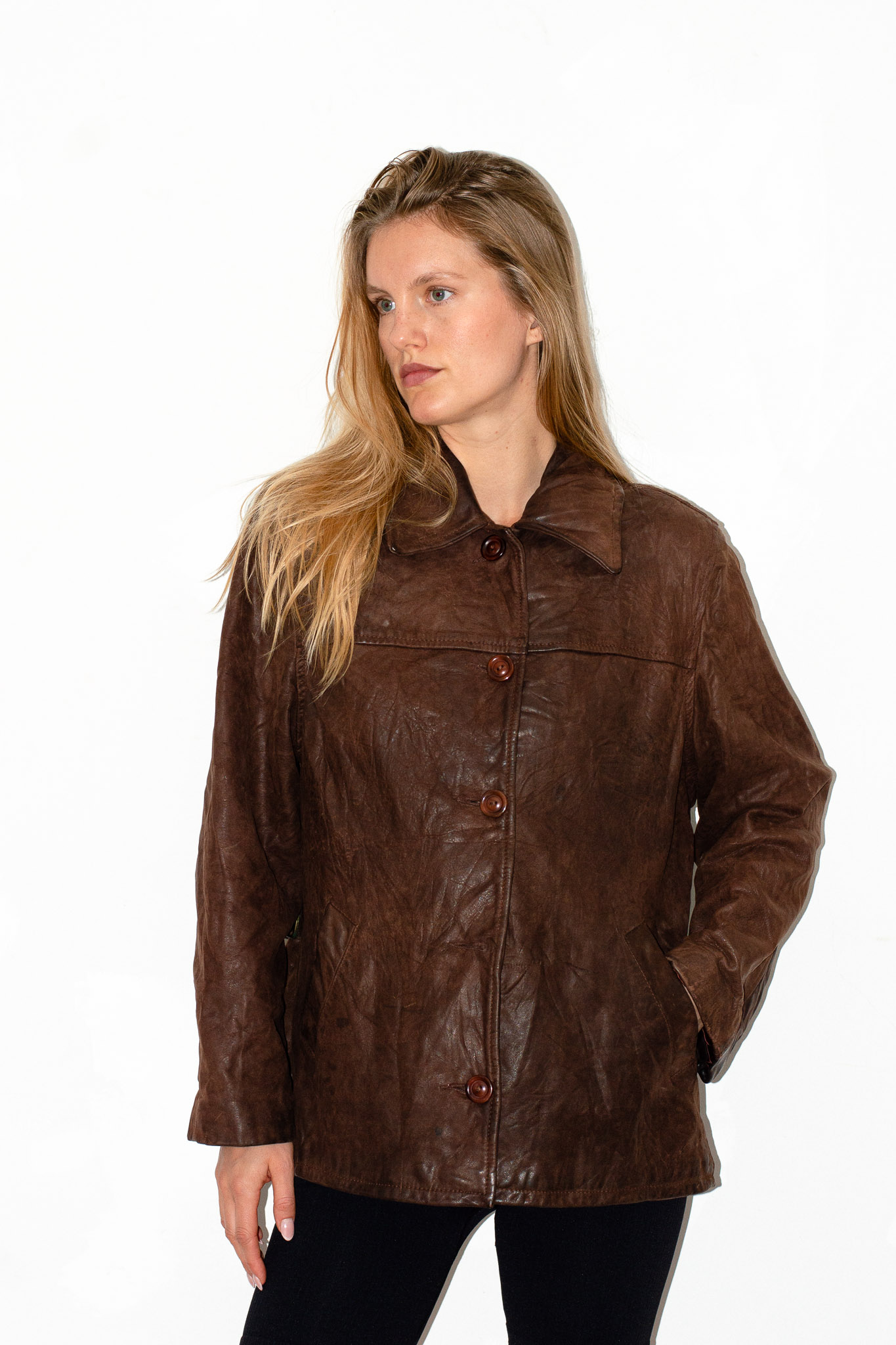Vintage Brown Leather Jacket Buckle Tabs Tortoiseshell Buttons, view 2