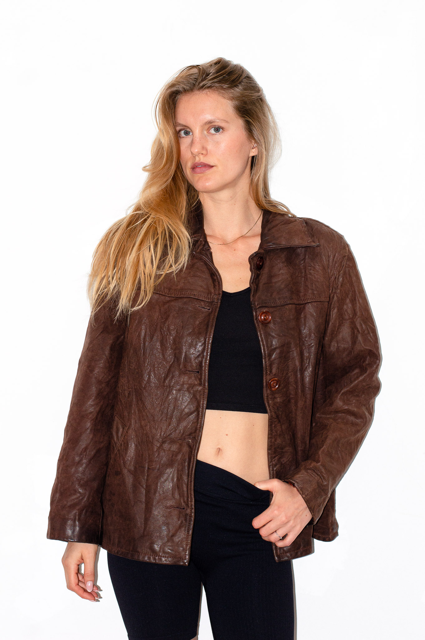 Vintage Brown Leather Jacket Buckle Tabs Tortoiseshell Buttons