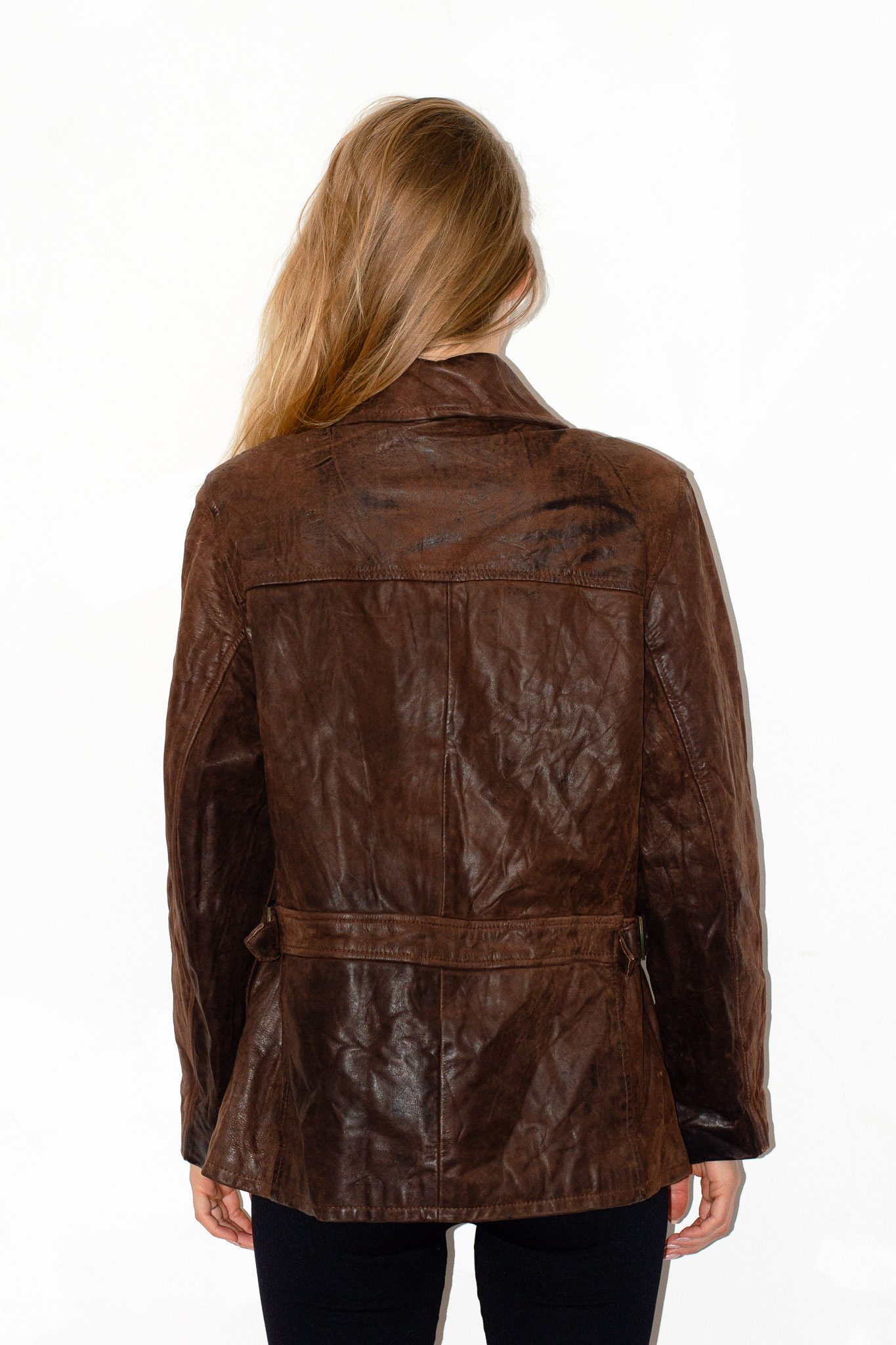 Vintage Brown Leather Jacket Buckle Tabs Tortoiseshell Buttons, view 3