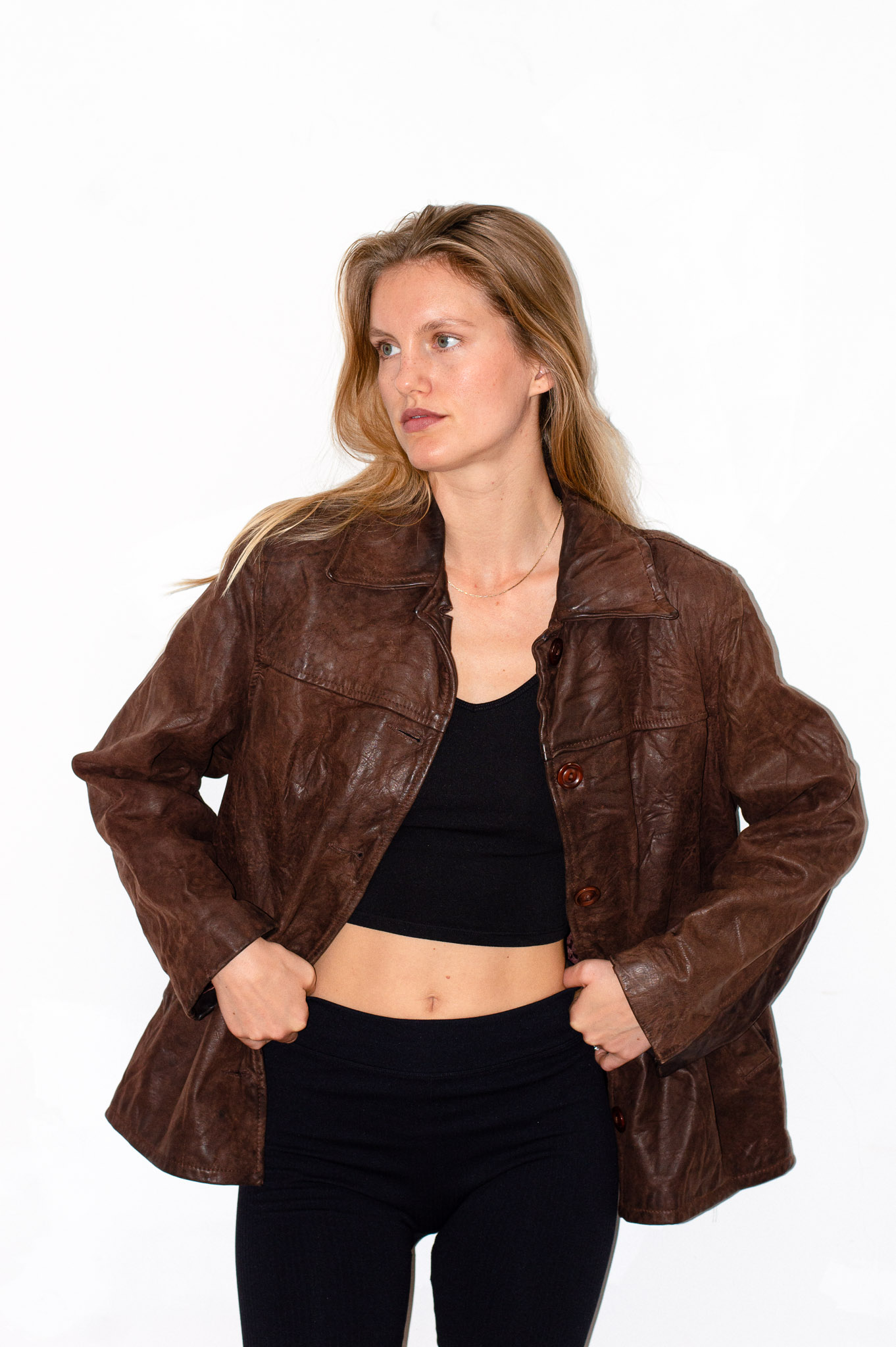 Vintage Brown Leather Jacket Buckle Tabs Tortoiseshell Buttons, view 5