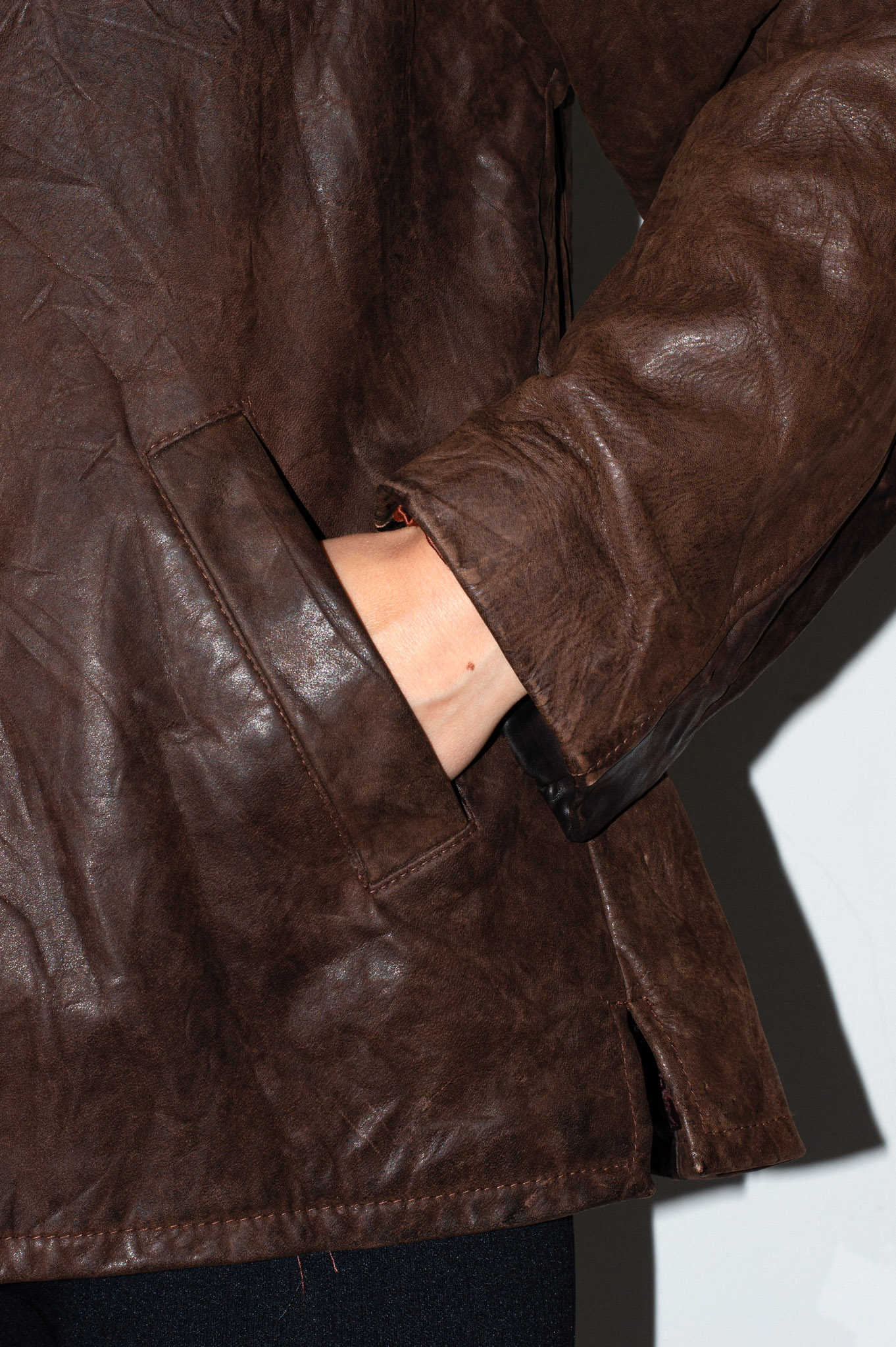Vintage Brown Leather Jacket Buckle Tabs Tortoiseshell Buttons, view 8