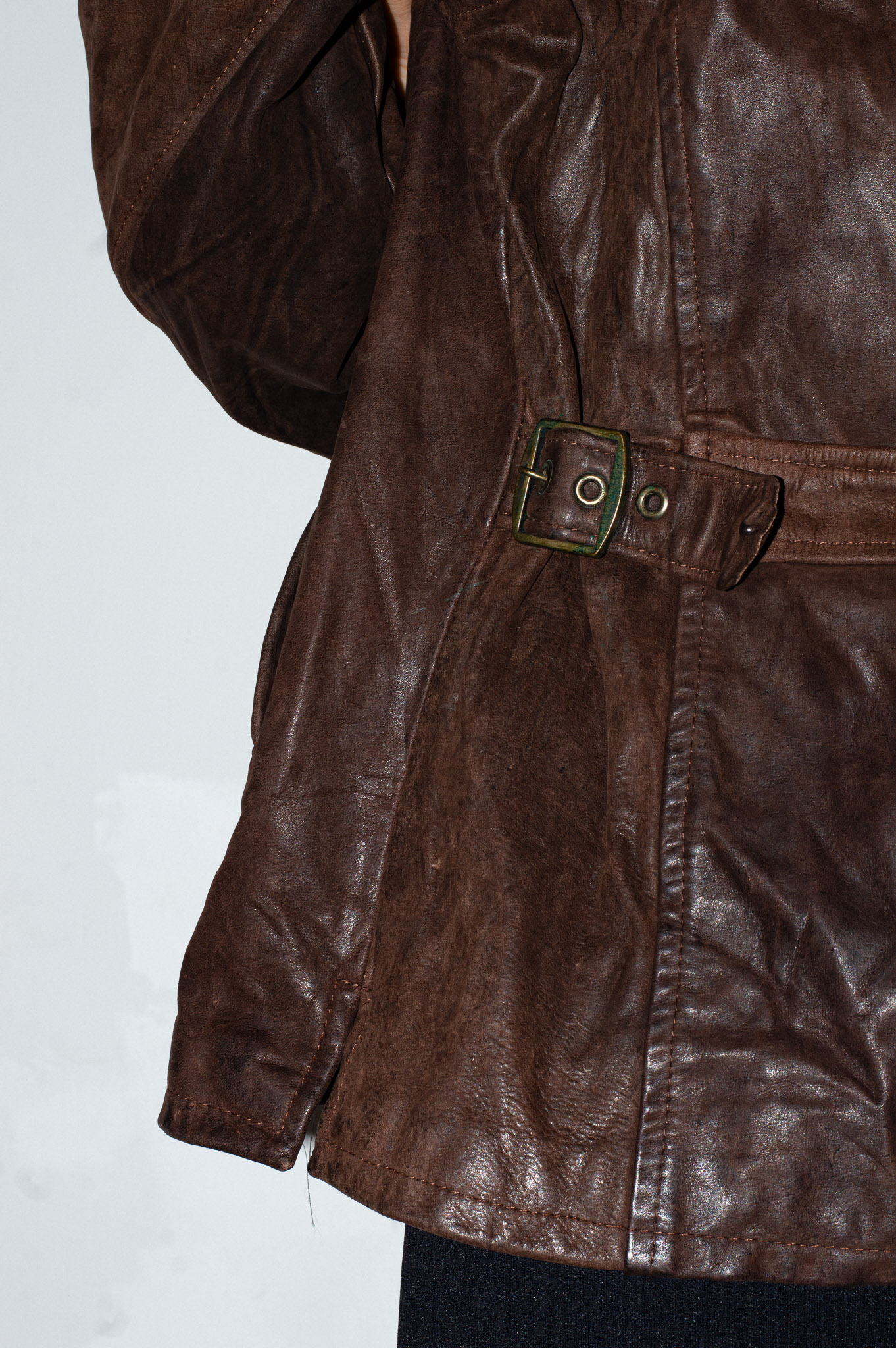 Vintage Brown Leather Jacket Buckle Tabs Tortoiseshell Buttons, view 9