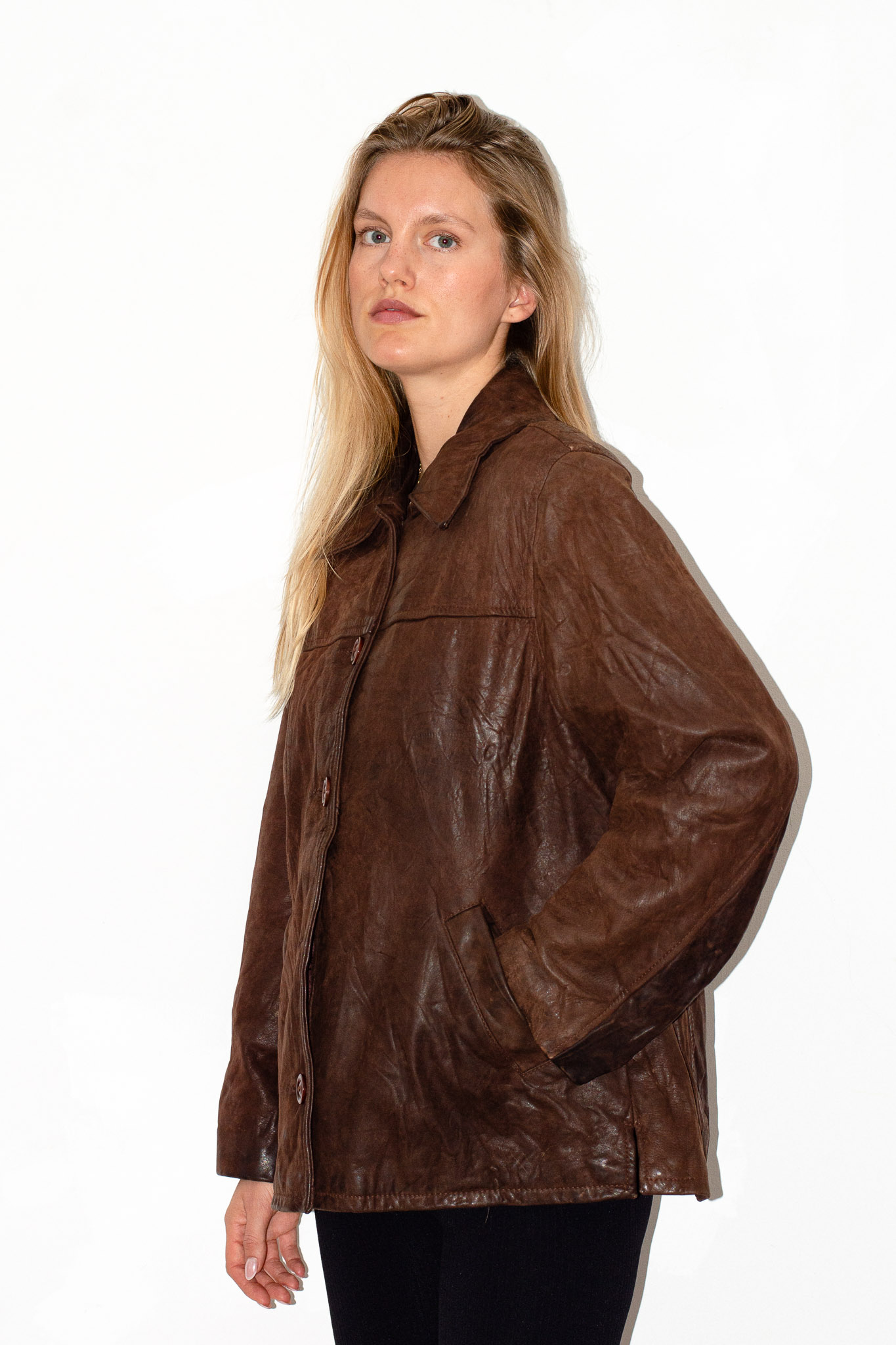 Vintage Brown Leather Jacket Buckle Tabs Tortoiseshell Buttons, view 6