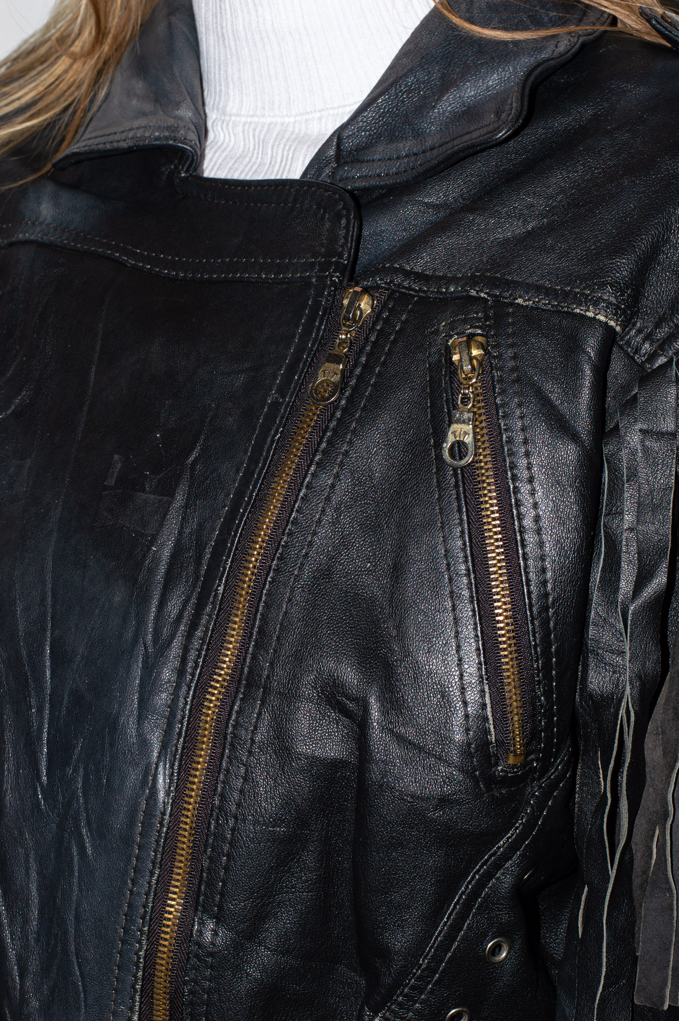 Vintage Cropped Black Leather Fringe Biker Jacket Corset Lace-Up Sides, view 5