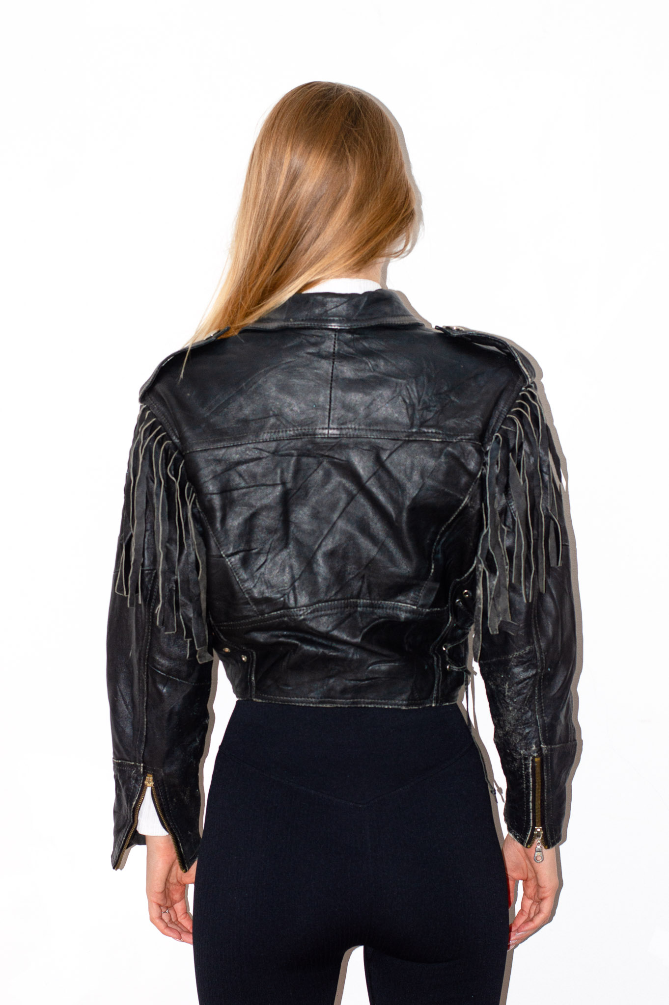 Vintage Cropped Black Leather Fringe Biker Jacket Corset Lace-Up Sides, view 4