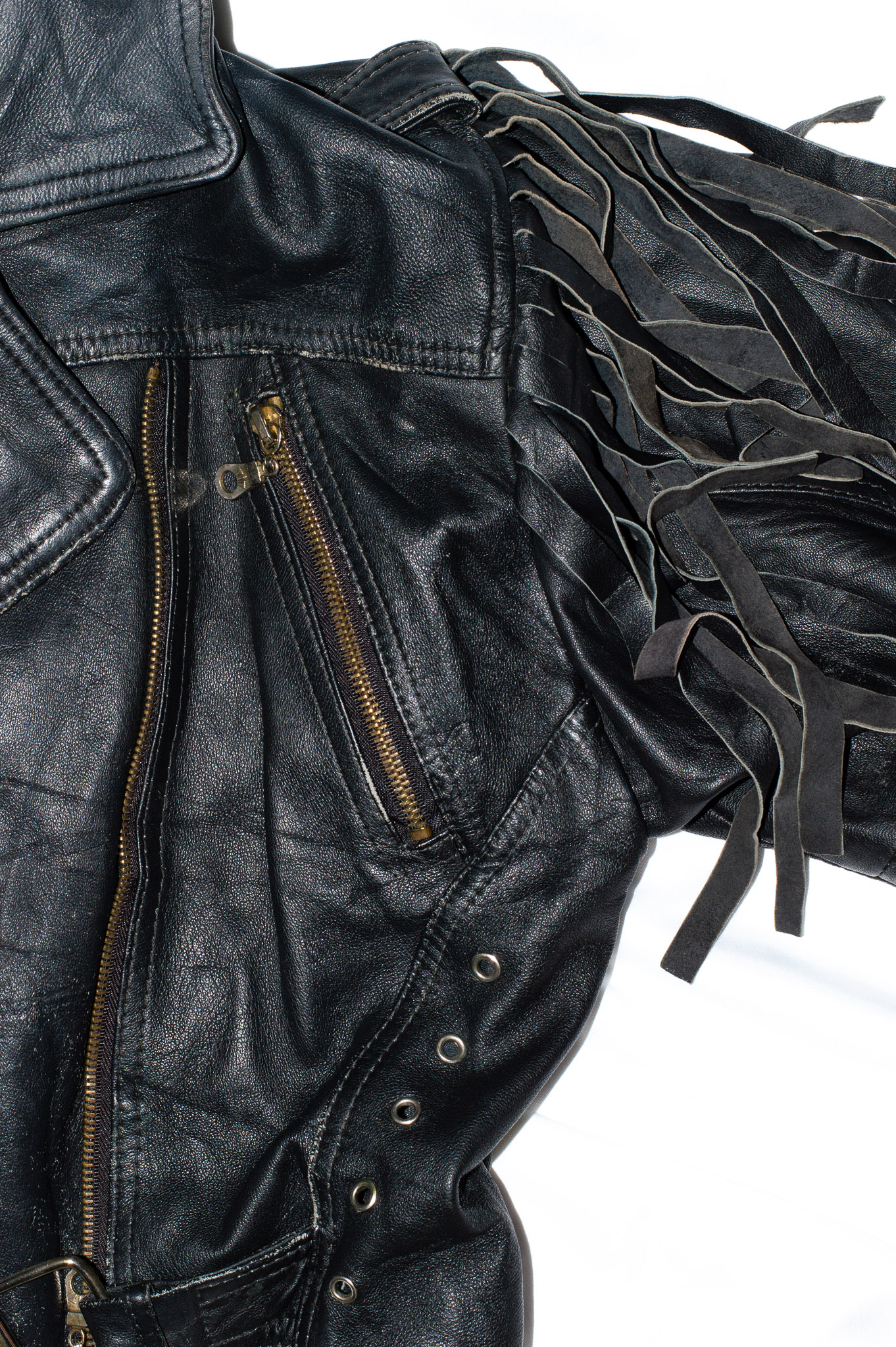 Vintage Cropped Black Leather Fringe Biker Jacket Corset Lace-Up Sides, view 16
