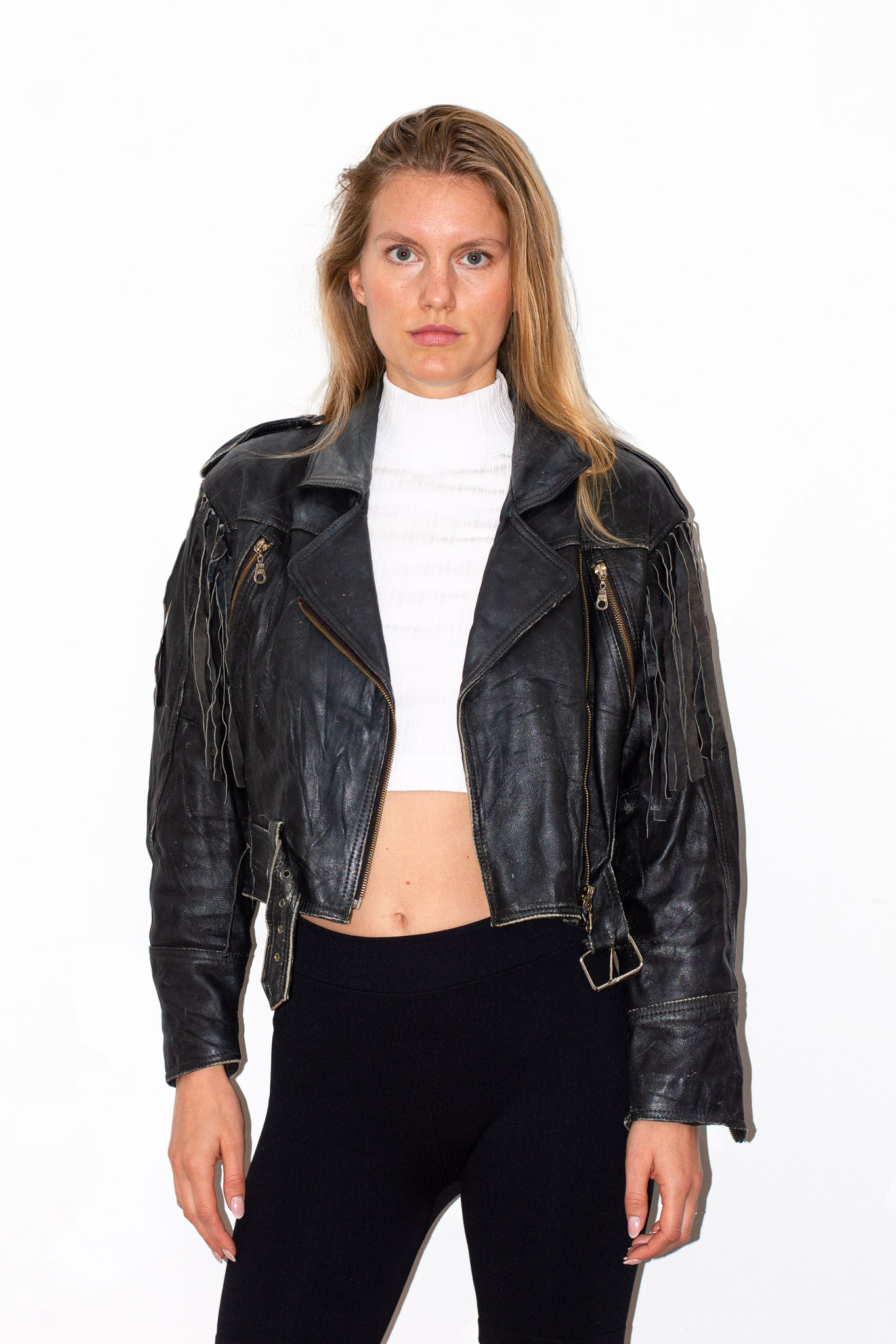 Vintage Cropped Black Leather Fringe Biker Jacket Corset Lace-Up Sides, view 2