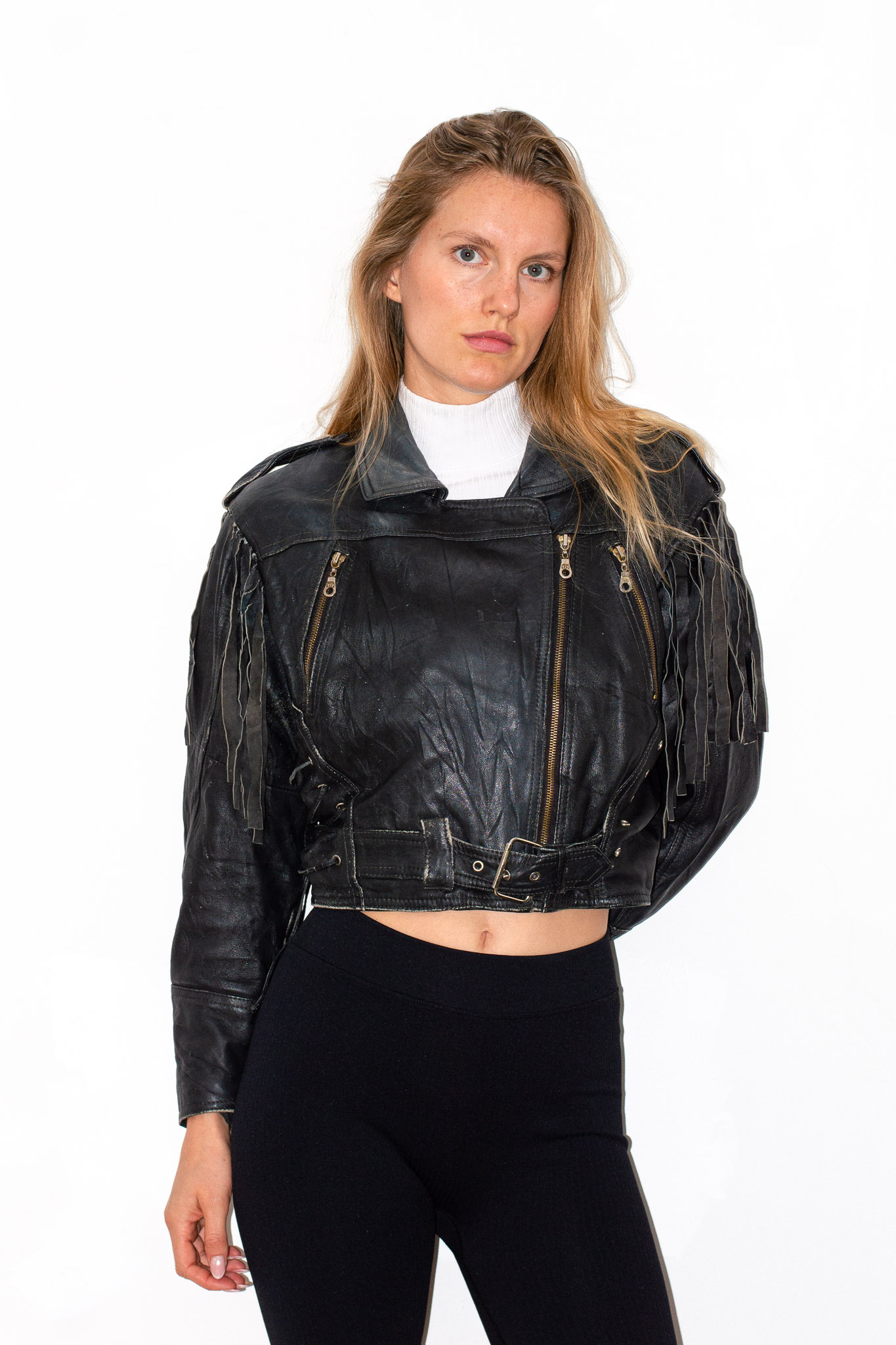 Vintage Cropped Black Leather Fringe Biker Jacket Corset Lace-Up Sides, view 3