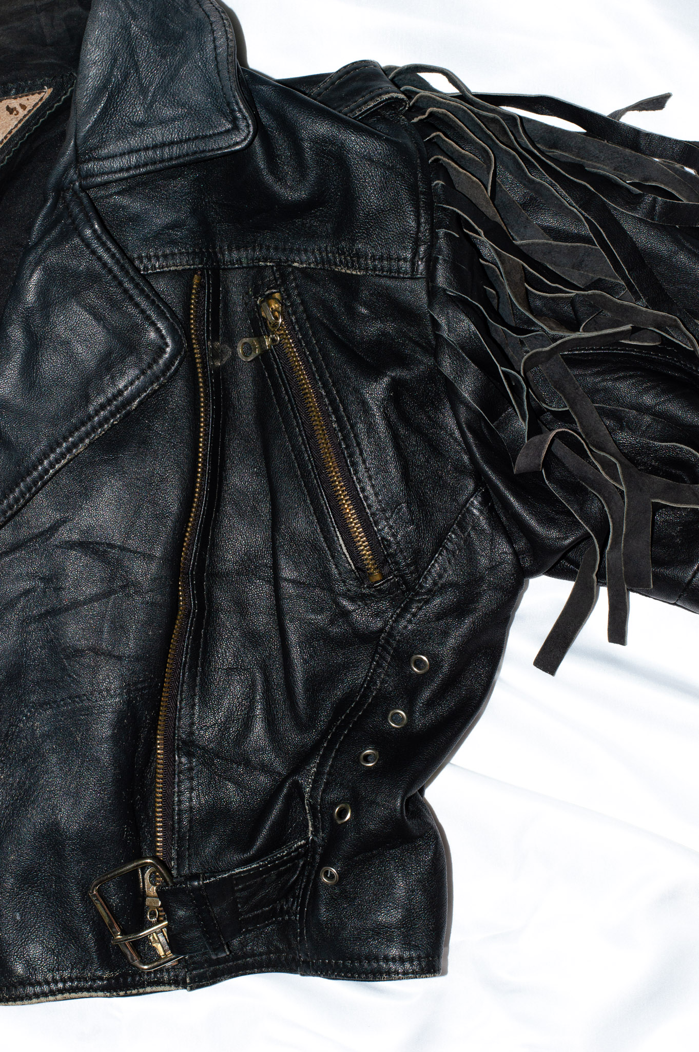 Vintage Cropped Black Leather Fringe Biker Jacket Corset Lace-Up Sides, view 14