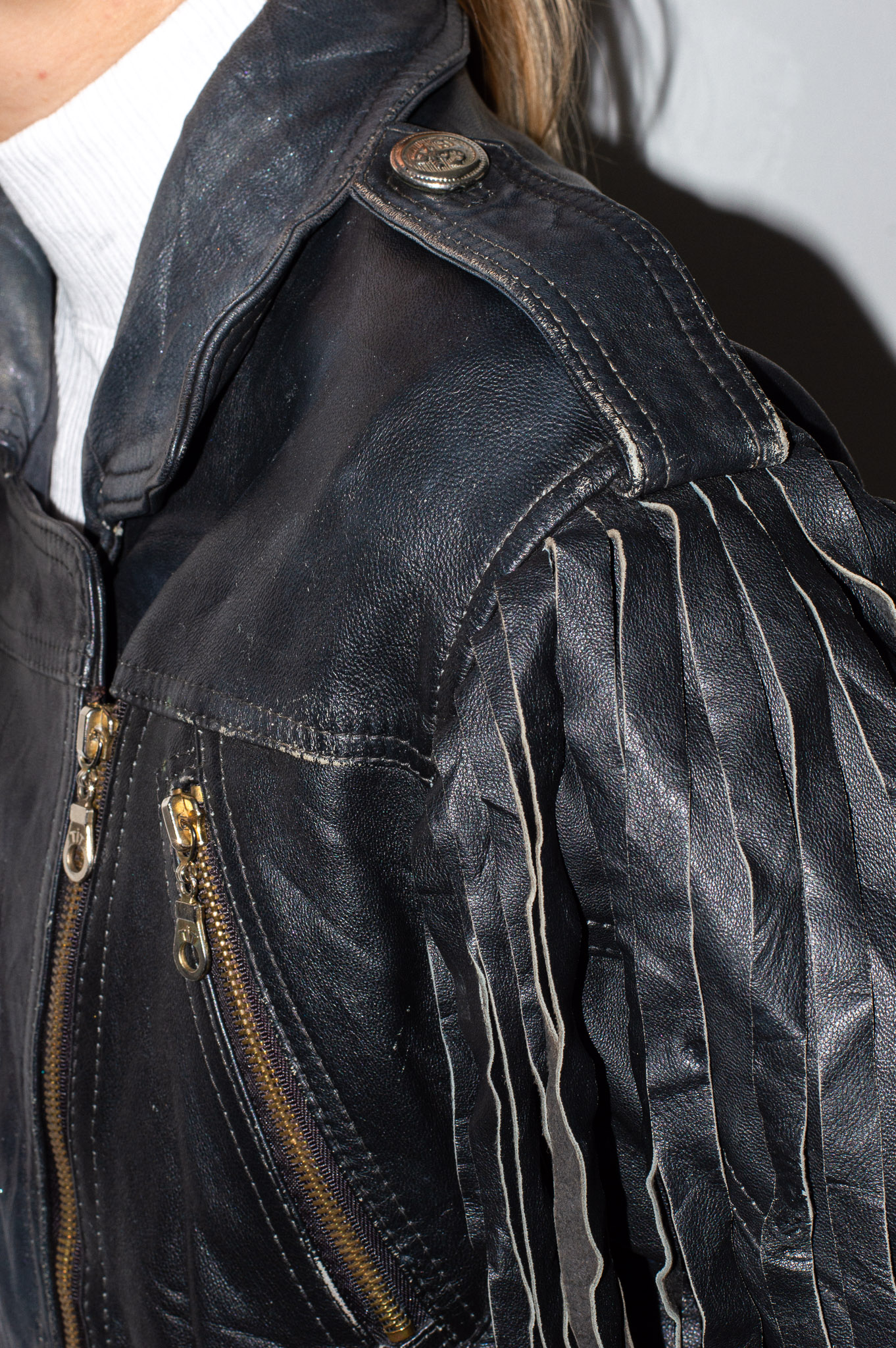 Vintage Cropped Black Leather Fringe Biker Jacket Corset Lace-Up Sides, view 7