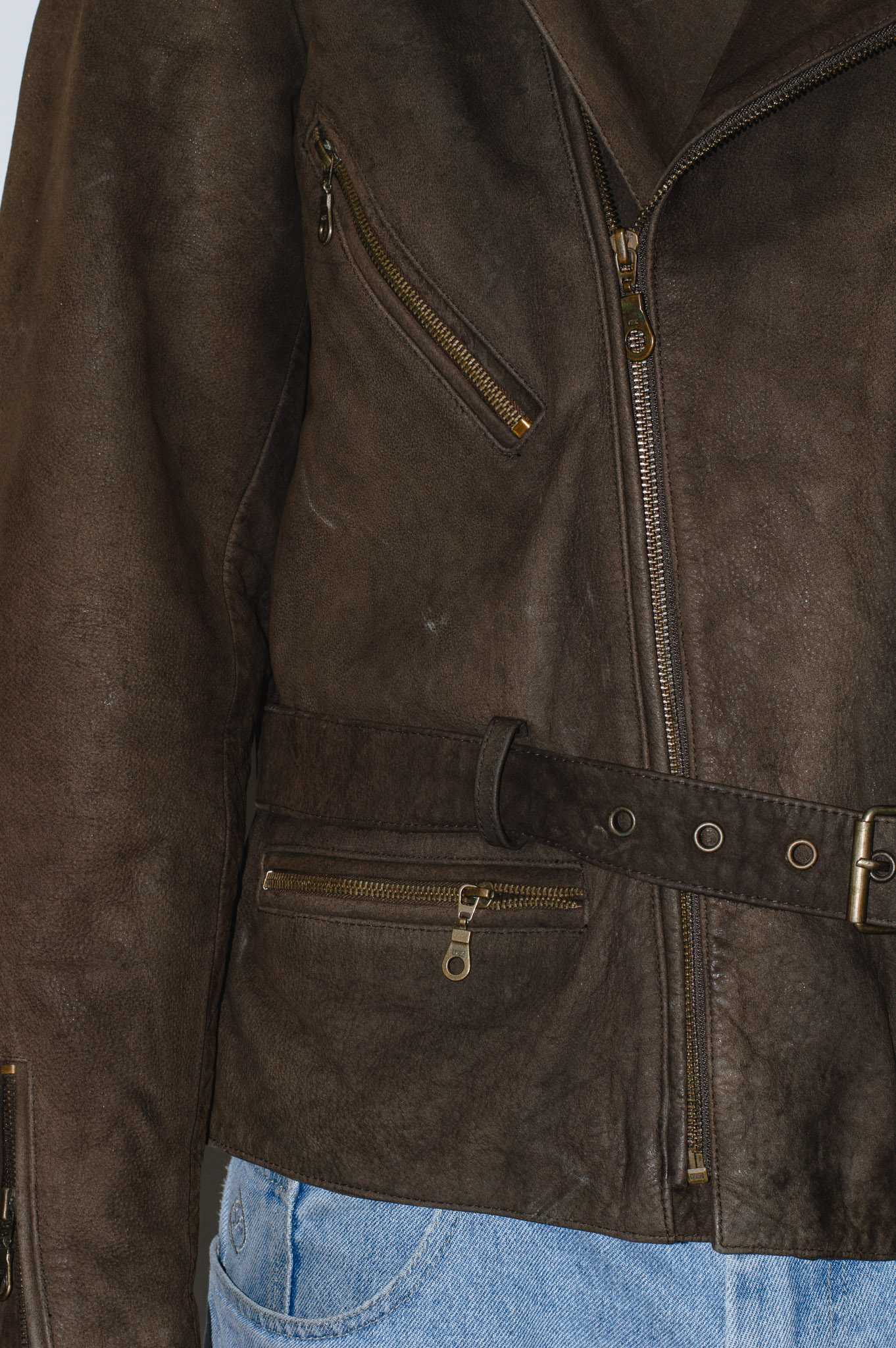 HELD vintage leather biker jacket — brown, asymmetric zip, view 14