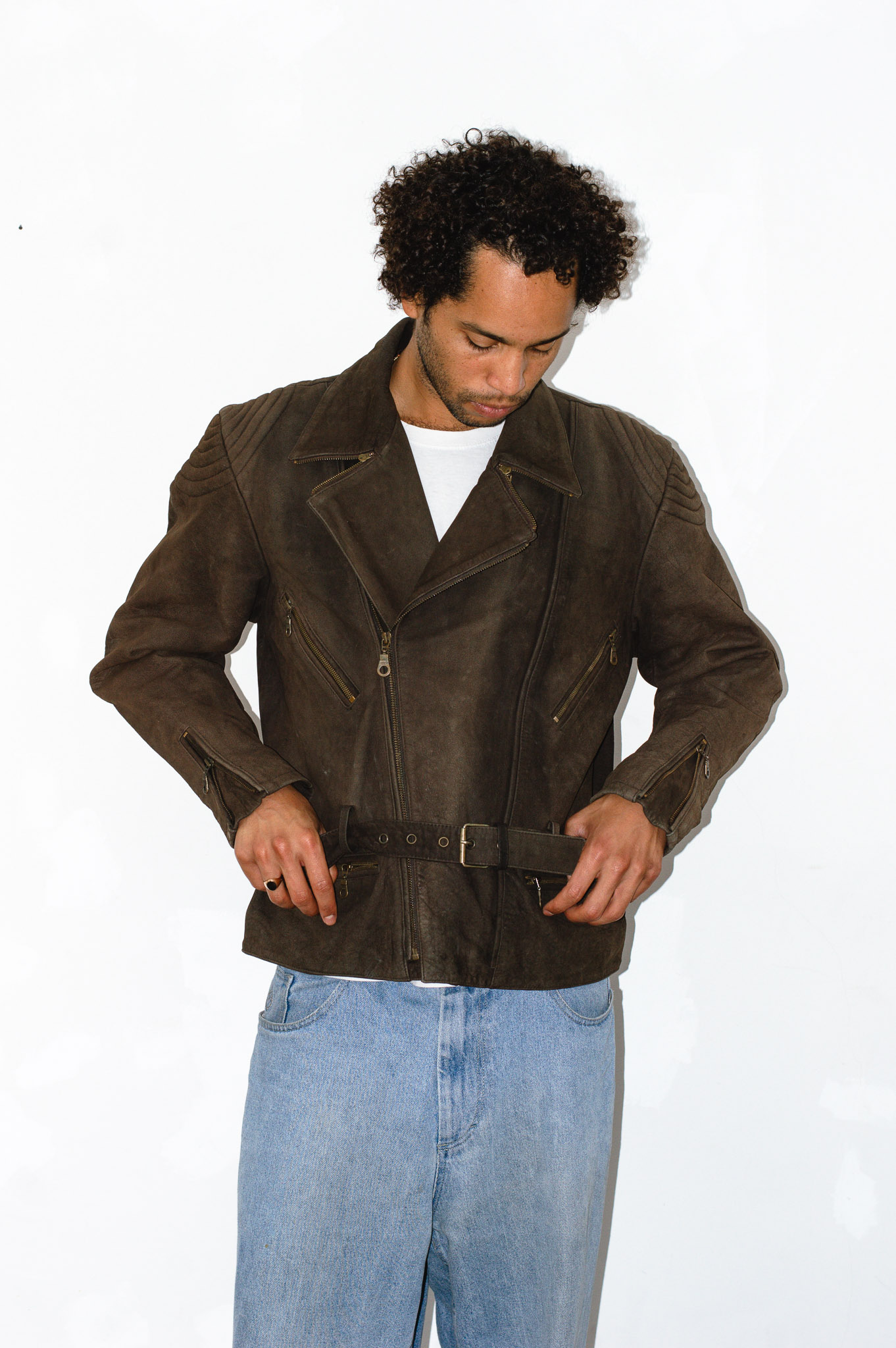 HELD vintage leather biker jacket — brown, asymmetric zip, view 8
