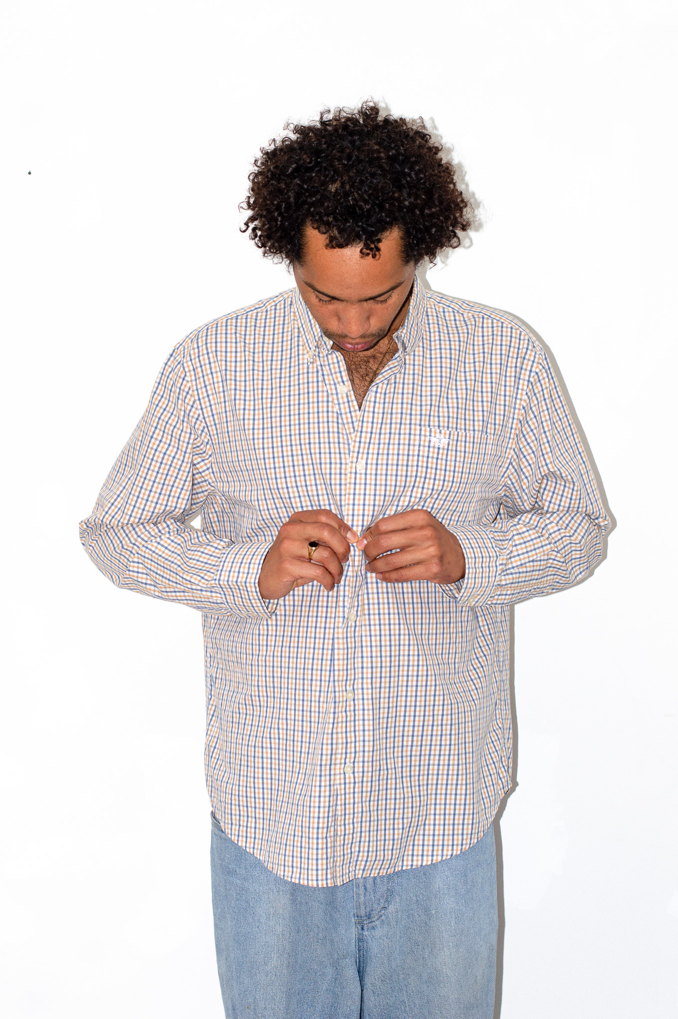 Vintage Dockers gingham check shirt — blue, tan & white, view 4
