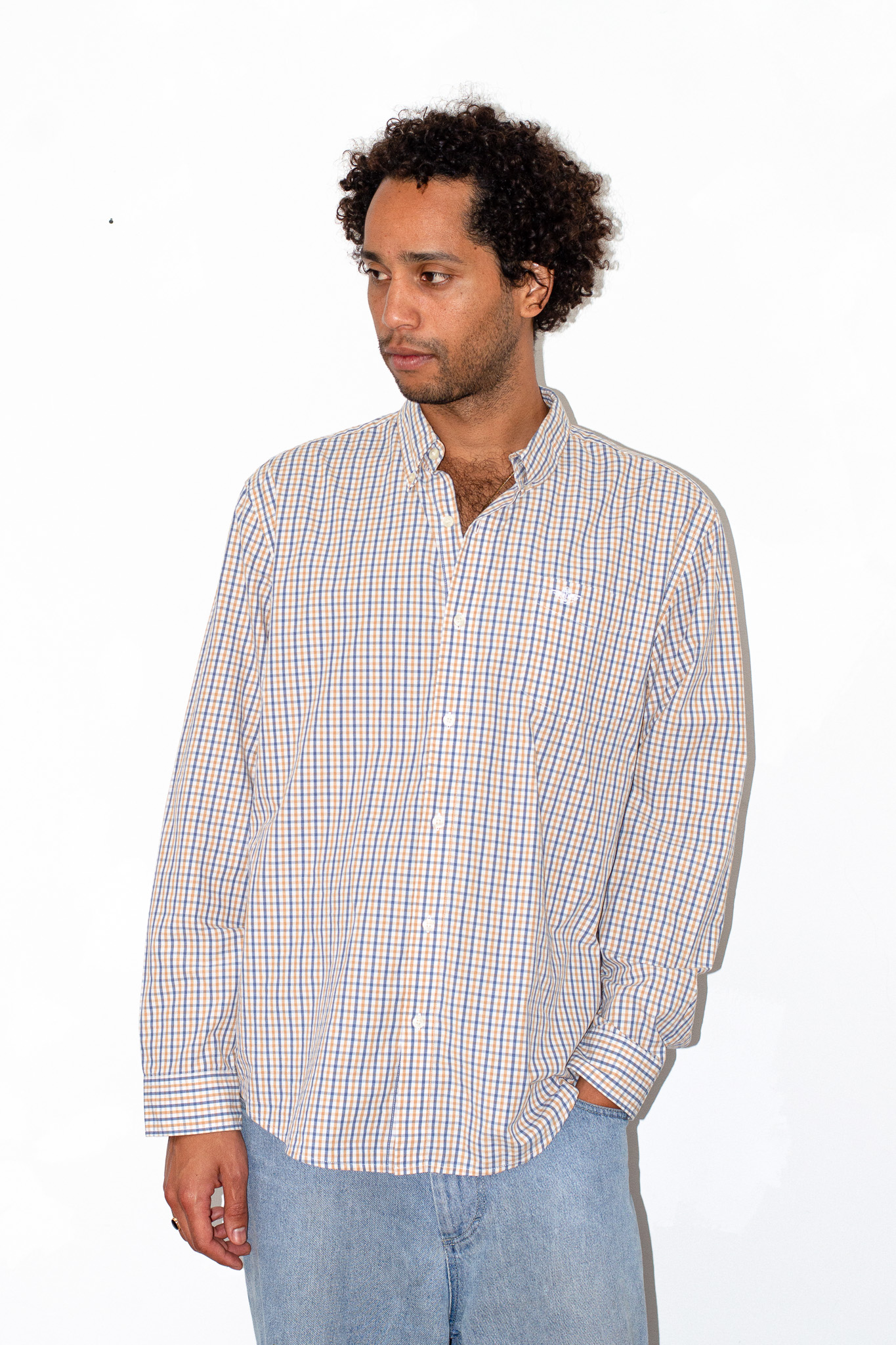 Vintage Dockers gingham check shirt — blue, tan & white, view 2