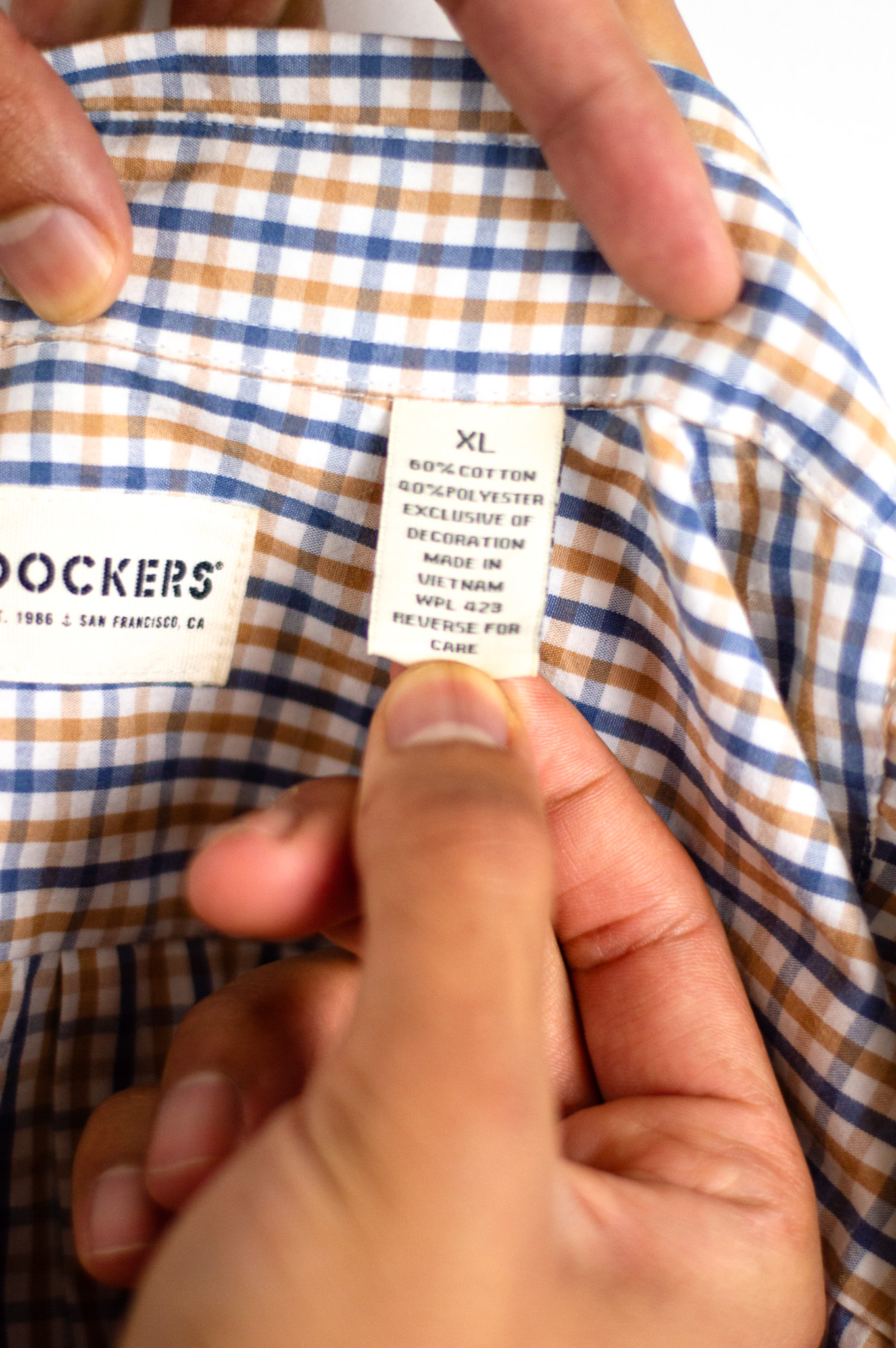 Vintage Dockers gingham check shirt — blue, tan & white, view 10