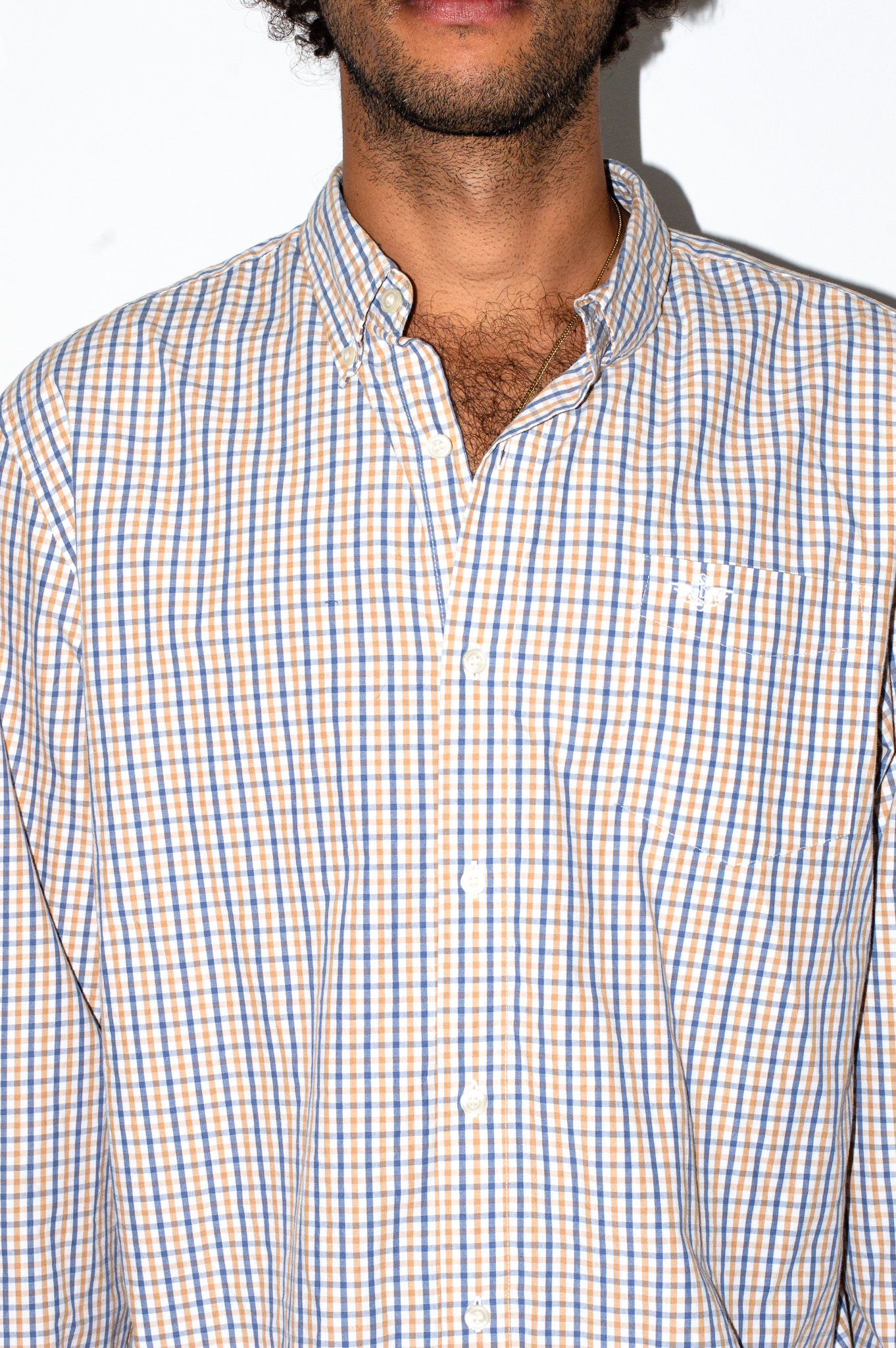 Vintage Dockers gingham check shirt — blue, tan & white, view 3