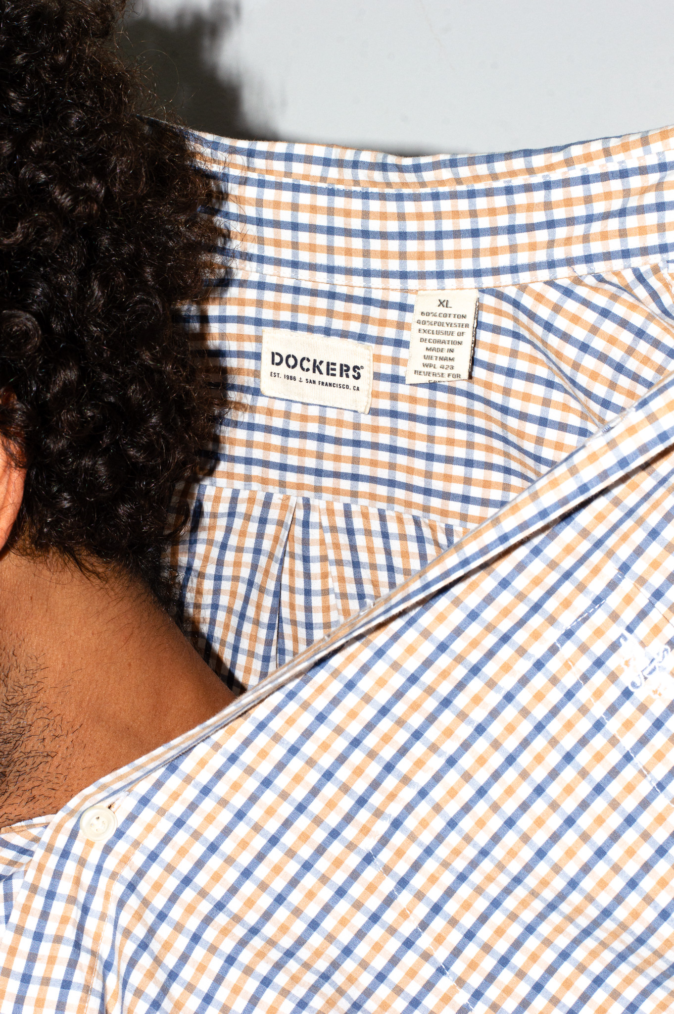 Vintage Dockers gingham check shirt — blue, tan & white, view 9